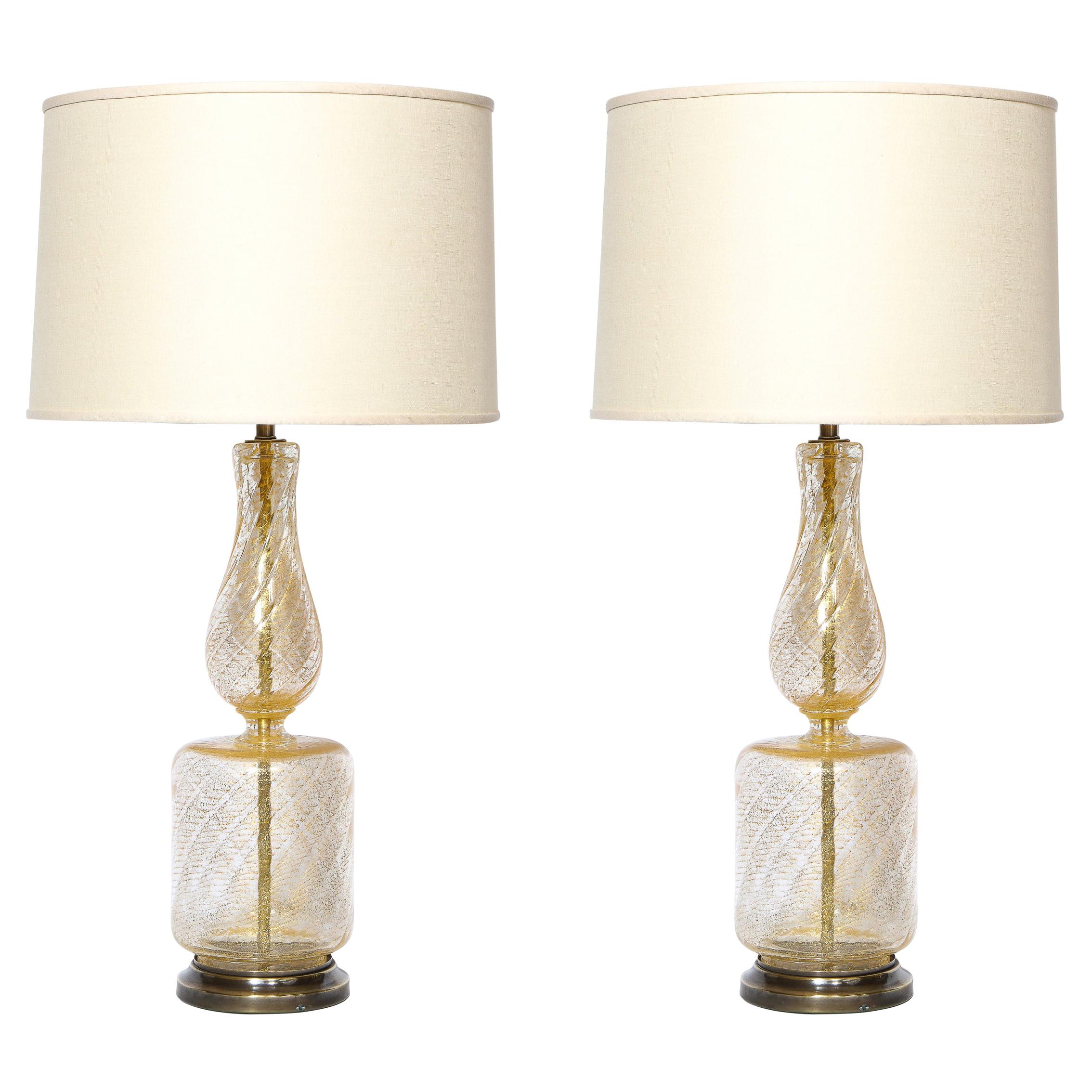 Pair of Mid Century Glass Table Lamps with 24kt Yellow Gold Flecks & Brass Bases