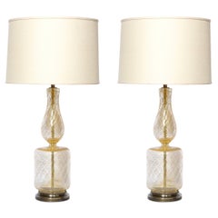 Pair of Mid Century Glass Table Lamps with 24kt Yellow Gold Flecks & Brass Bases