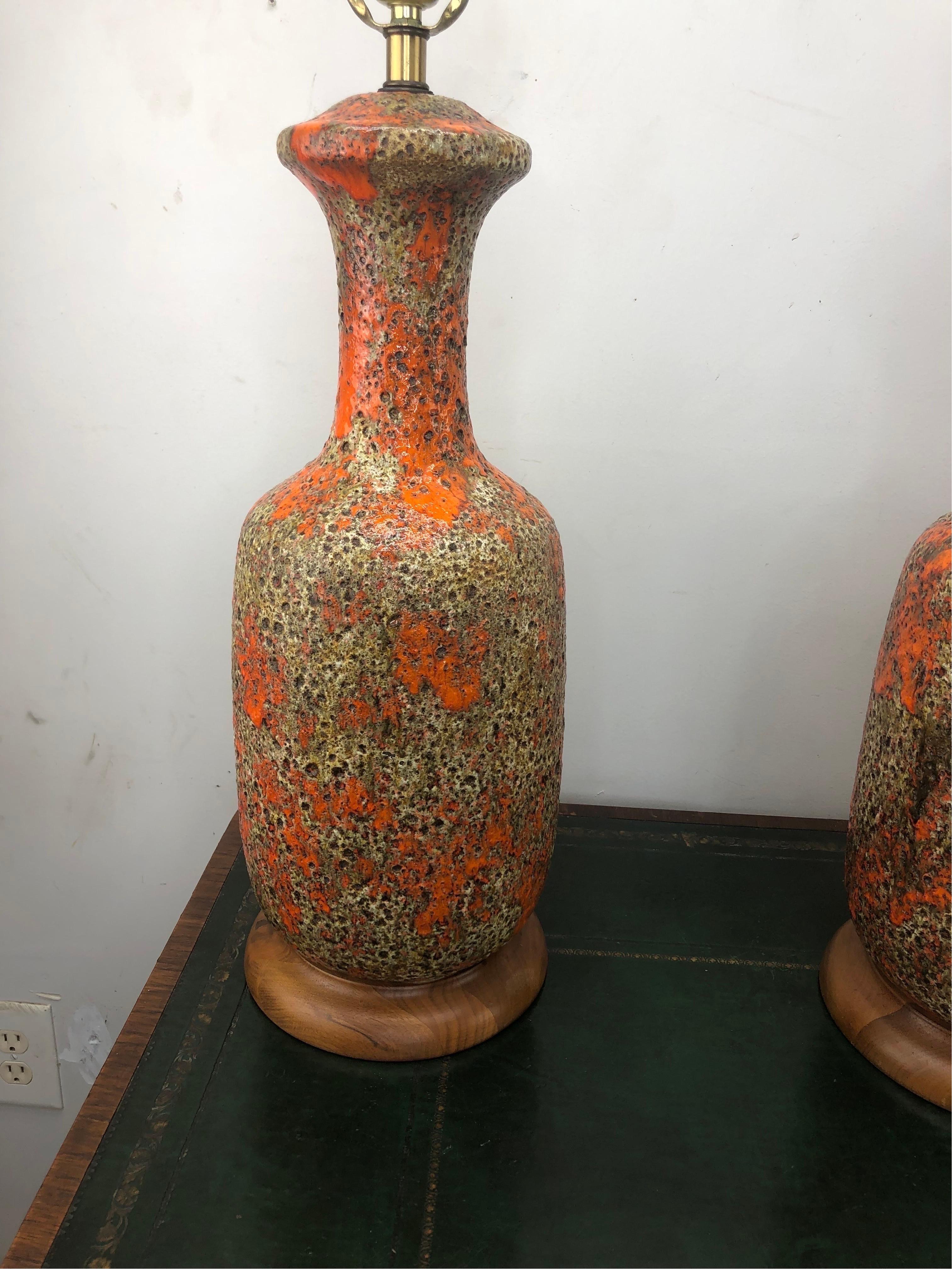 Ceramic Pair of Mid-Century Glazed Orange Lava Lamps For Sale