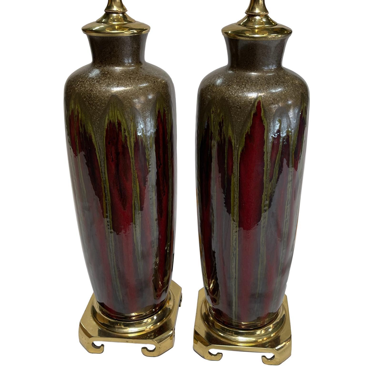 Pair of circa 1950's Italian drip-glazed porcelain table lamps with bronze bases.

Measurements:
Height of body: 15