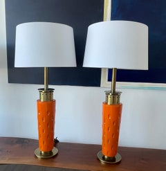 Pair of Mid Century Glazed Tangerine Ceramic & Brass Table Lamps by Stiffel