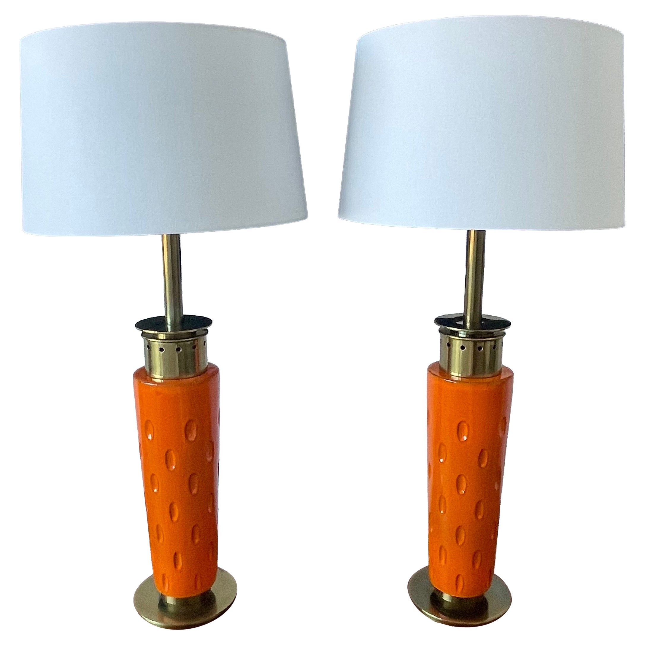 Pre-owned Stiffel Pair Of Mid Century Glazed Tangerine Ceramic & Brass Table Lamps By In Orange
