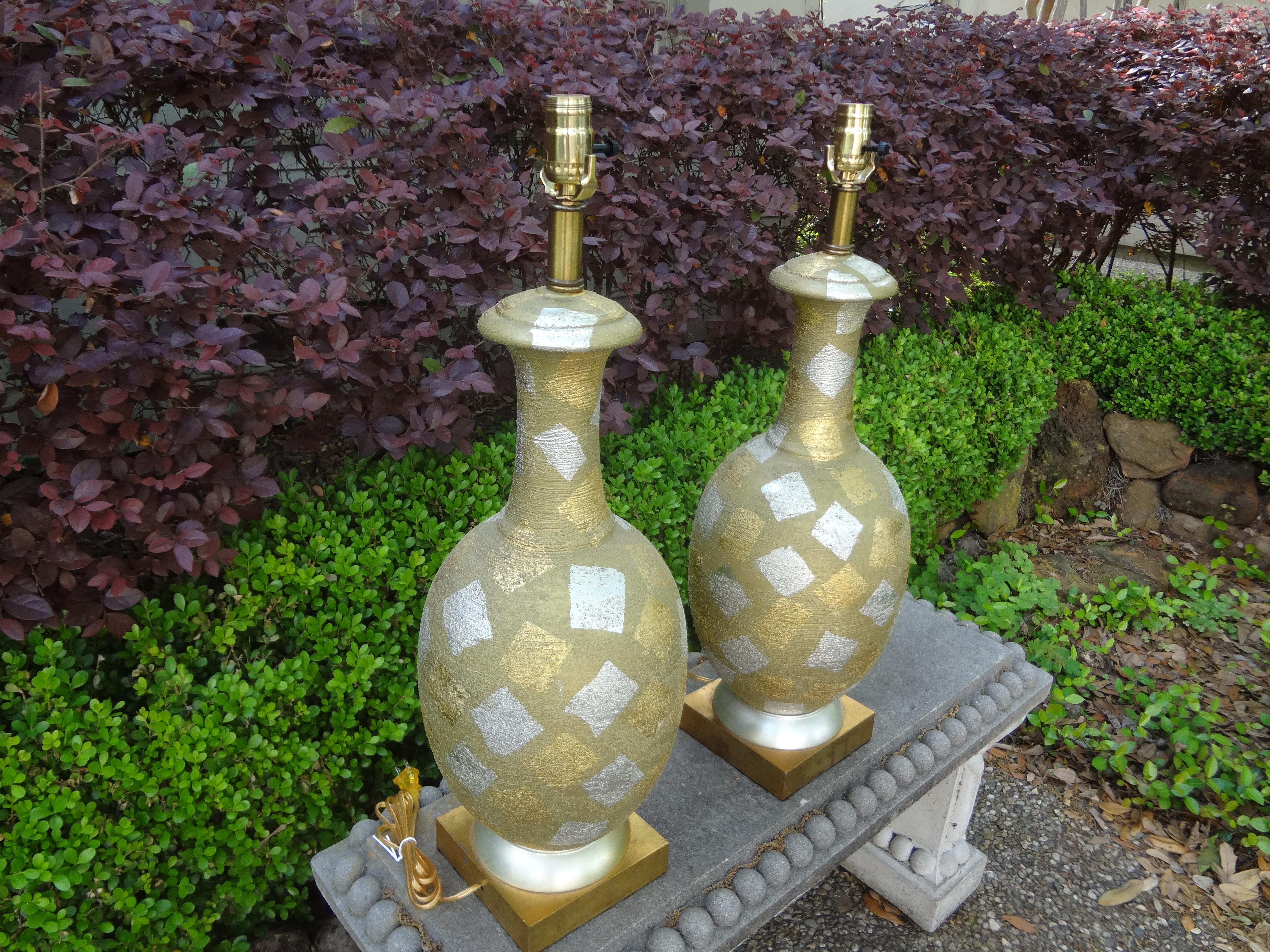 Pair of Hollywood Regency Gold and Silver Gilt Harlequin Lamps For Sale 5