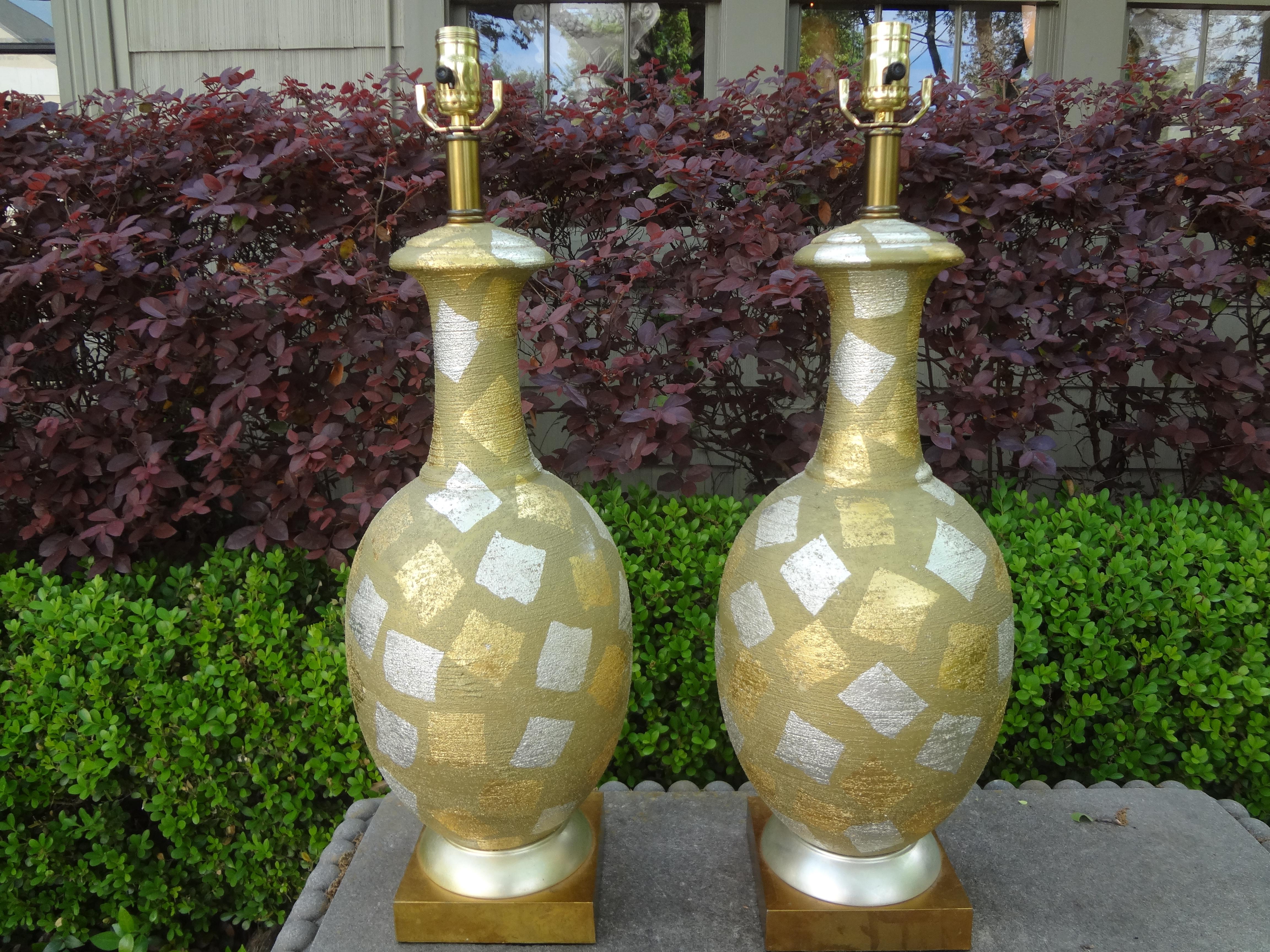 Italian Pair of Hollywood Regency Gold and Silver Gilt Harlequin Lamps For Sale