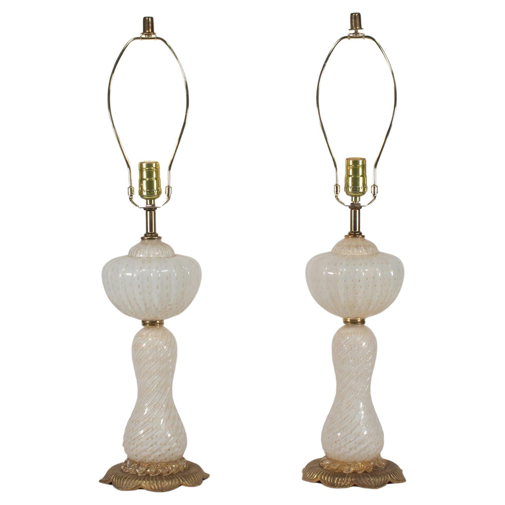Pair of Mid-Century Gold Aventurine Bullicante on White Murano Table Lamps