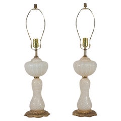 Pair of Mid-Century Gold Aventurine Bullicante on White Murano Table Lamps