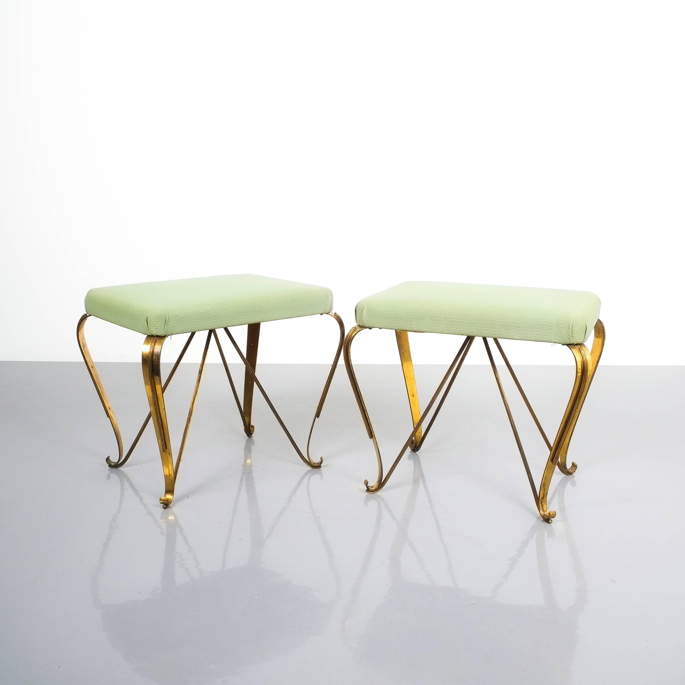 Pair of midcentury gold brass stools, Italy, 1950. Nice pair of brass stools with original vinyl upholstery in good condition.
