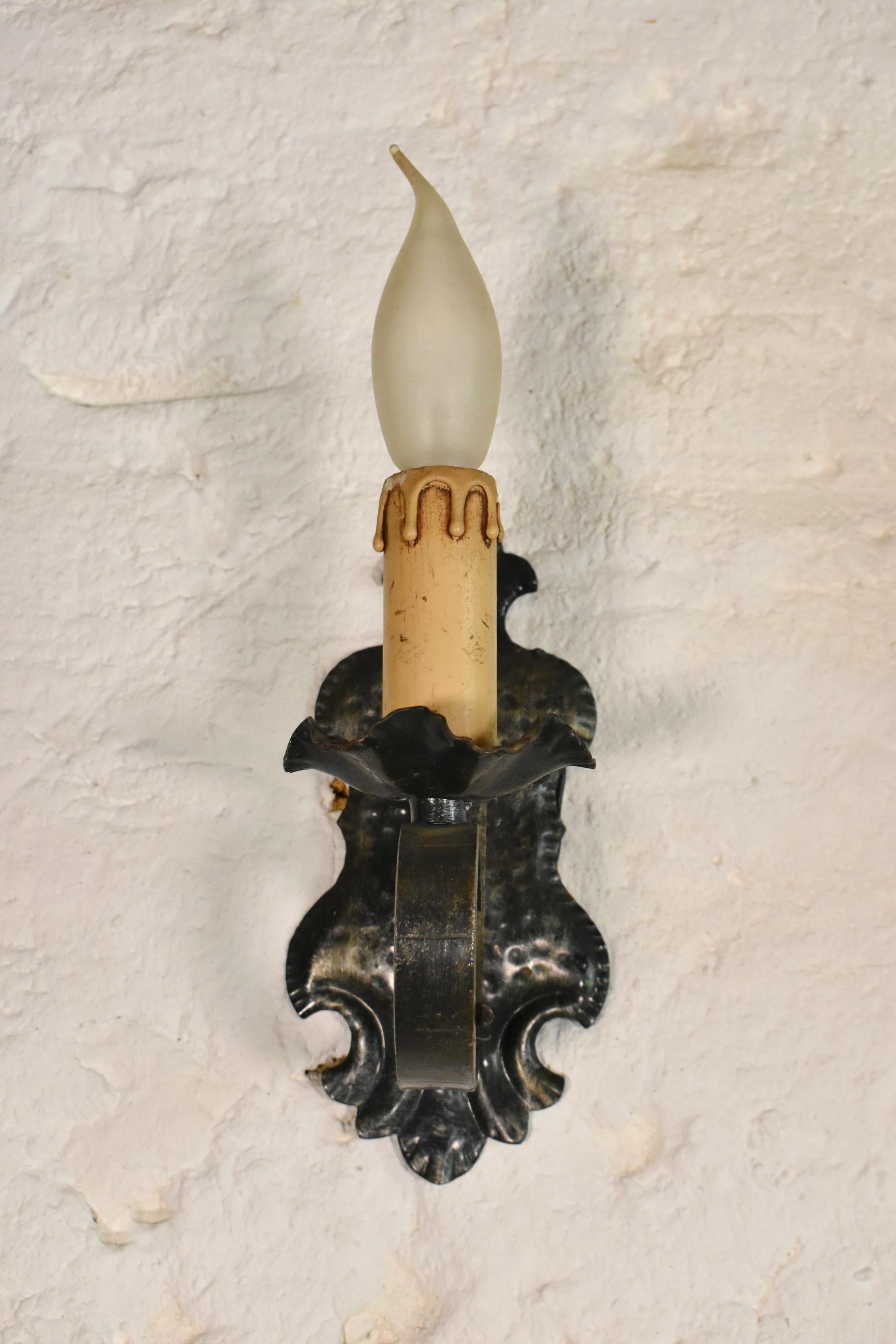 Metalwork Pair of Mid Century Gothic Tole Wall Sconces For Sale