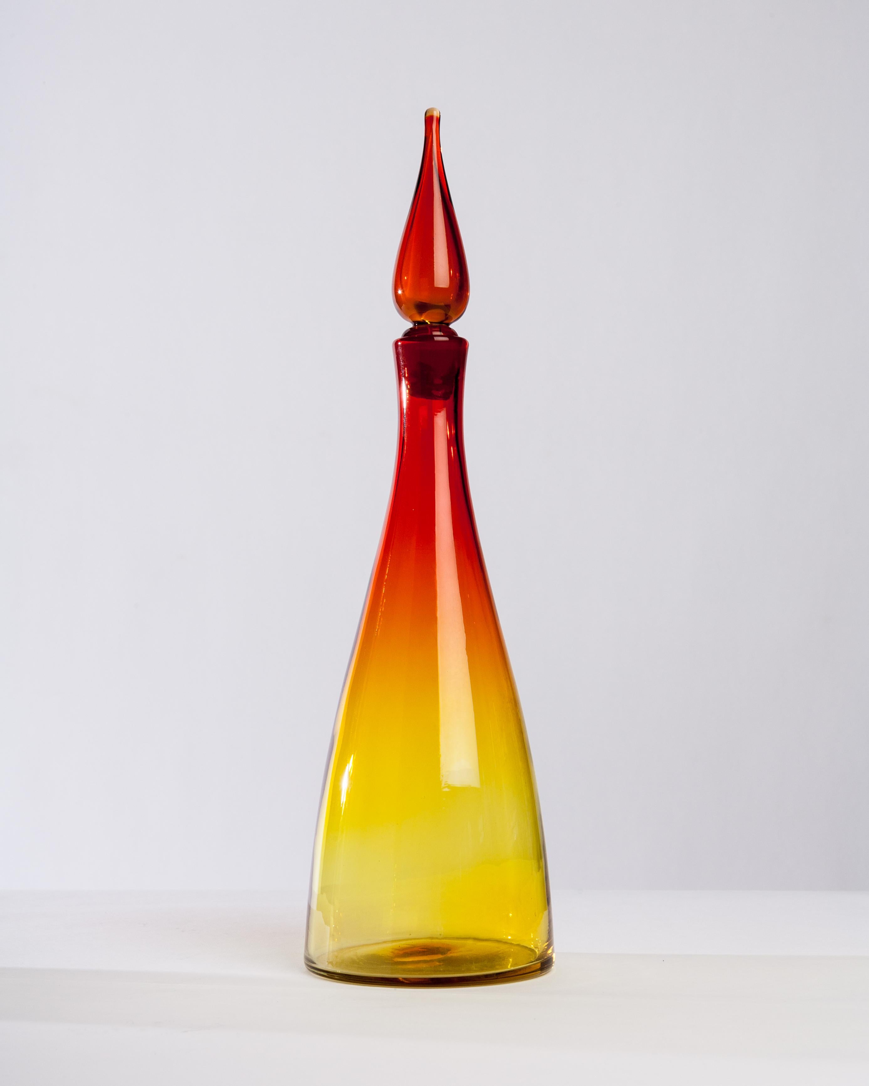 Mid-Century Modern Pair of Mid-Century Gradient Red and Yellow Blenko Glass Decanters Circa 1960