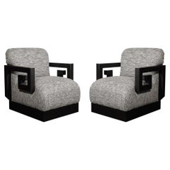 Pair of Mid-Century Greek Key Club Chairs in Grey Holly Hunt Upholstery