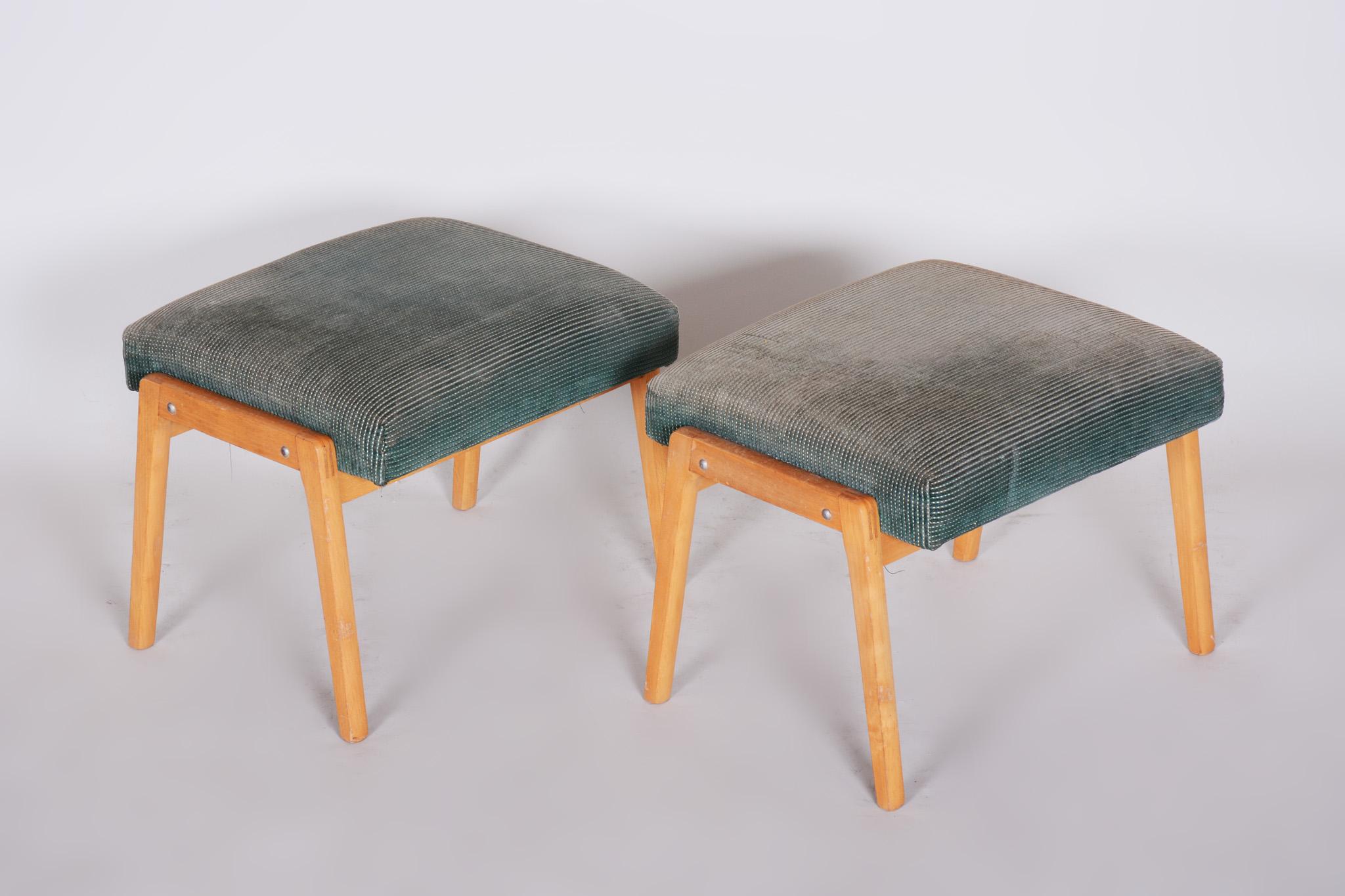 Mid-Century Modern Pair of Midcentury Green Beech Stools, 1960s, Original Preserved Condition