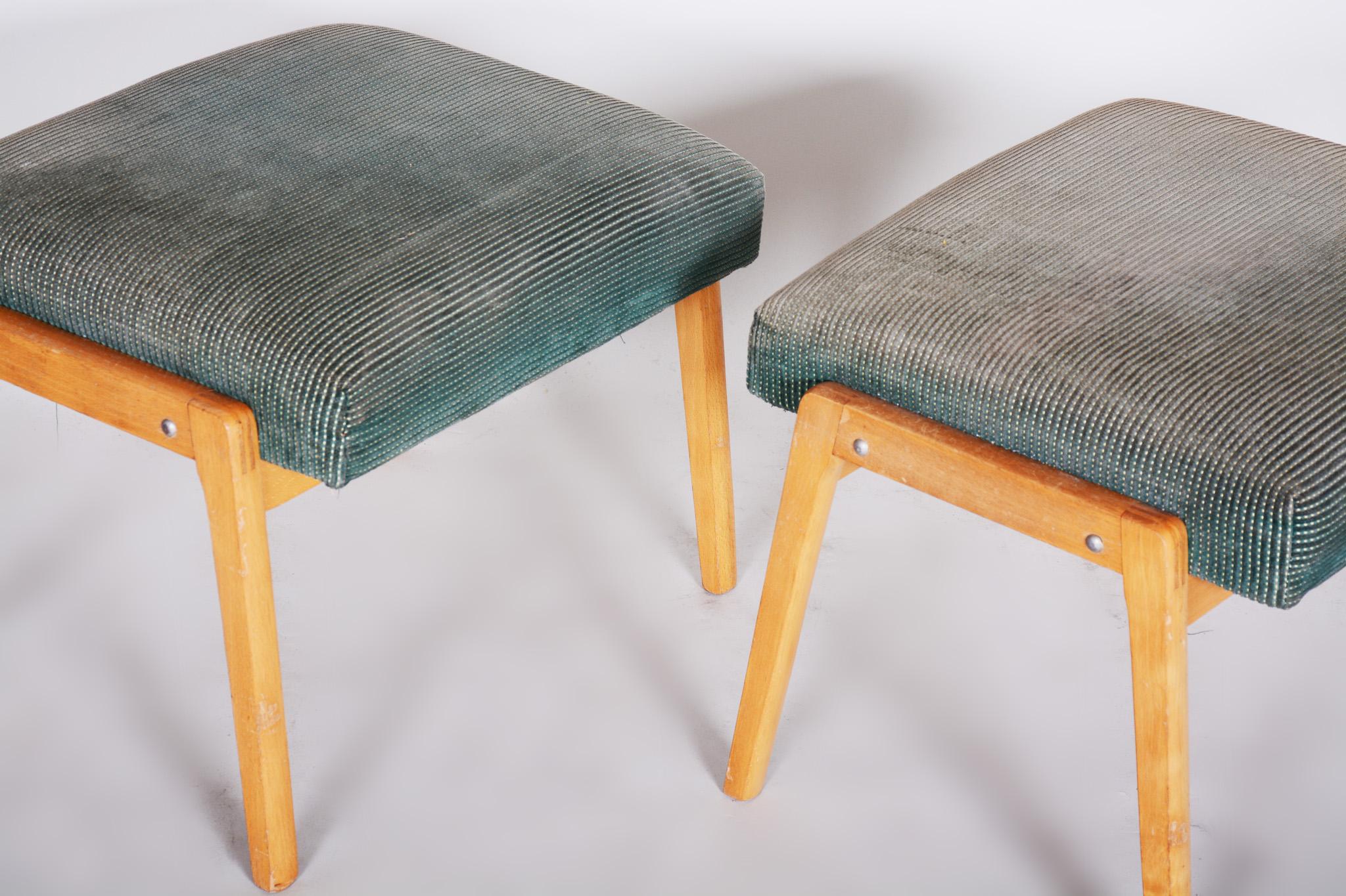 Czech Pair of Midcentury Green Beech Stools, 1960s, Original Preserved Condition