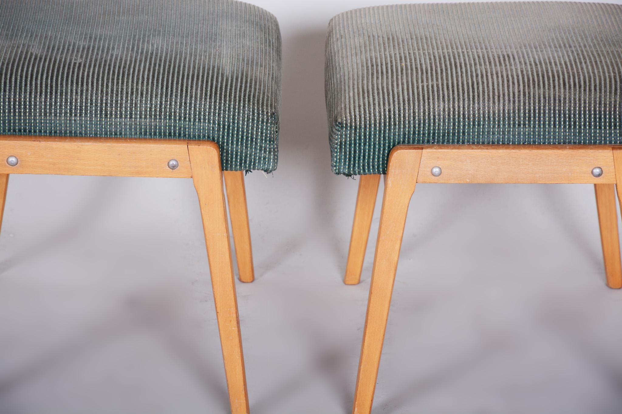 Fabric Pair of Midcentury Green Beech Stools, 1960s, Original Preserved Condition