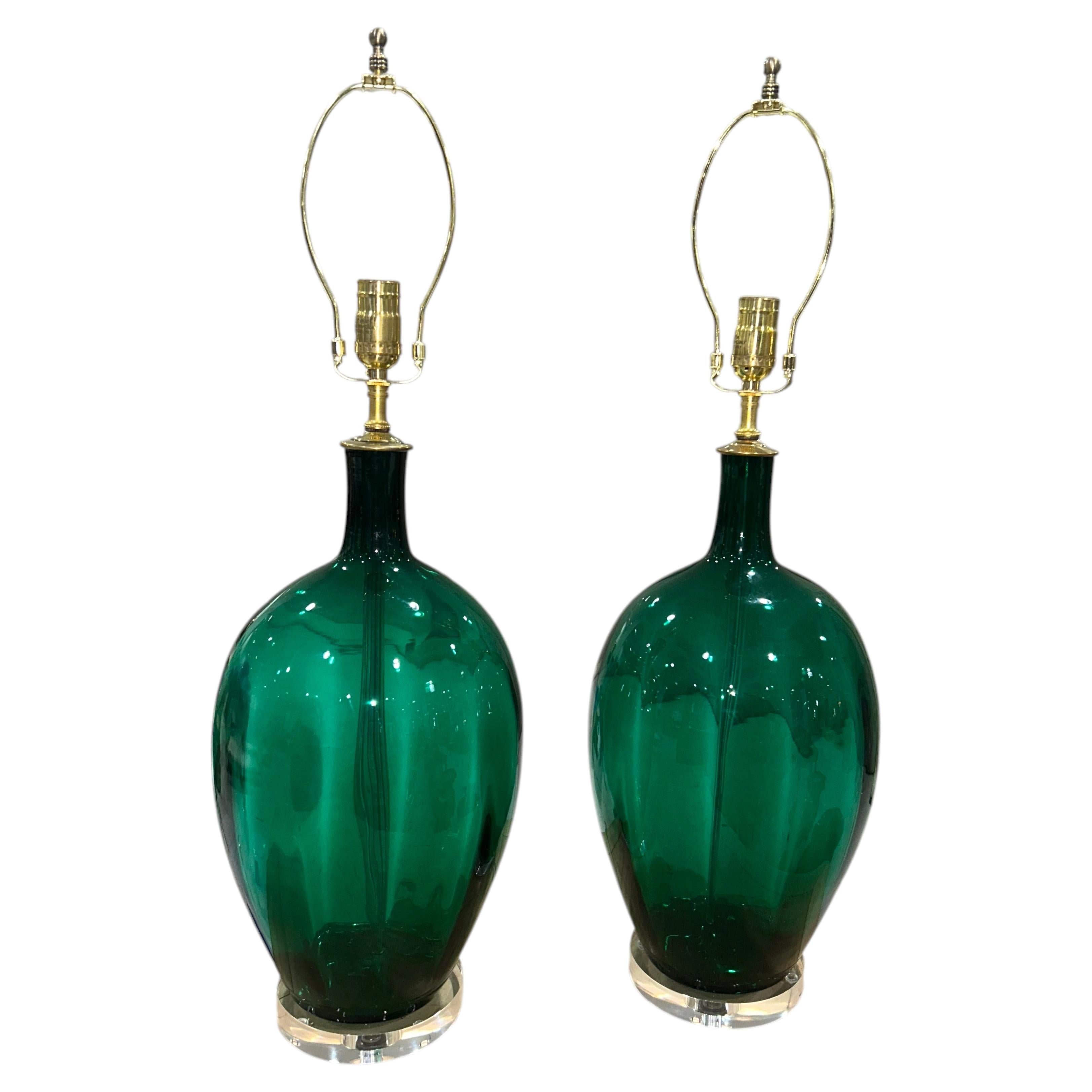 Pair of Mid Century Green Blenko Glass Lamps