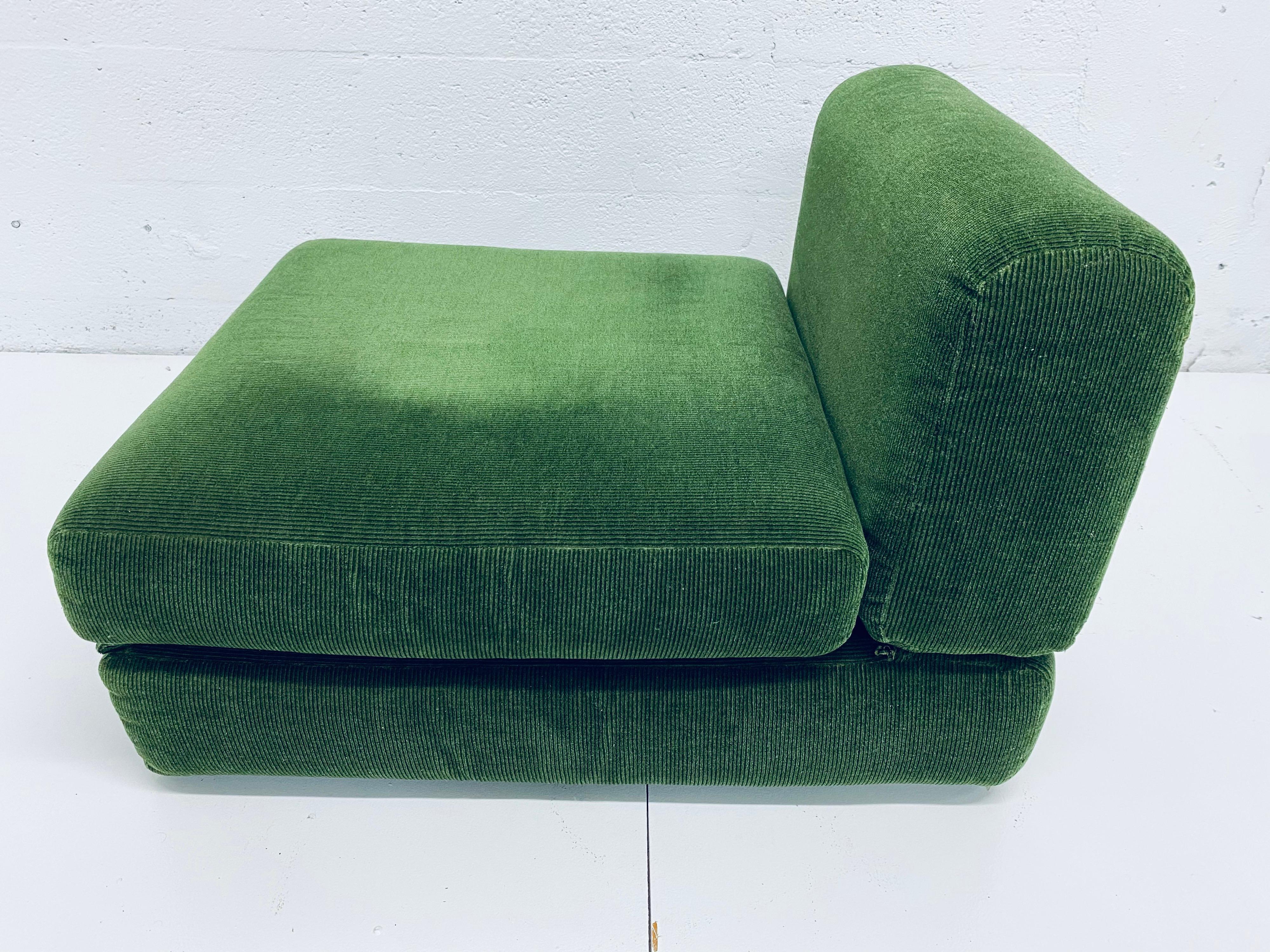 Upholstery Pair of Midcentury Green Corduroy Upholstered Convertible Lounge Chair Daybeds