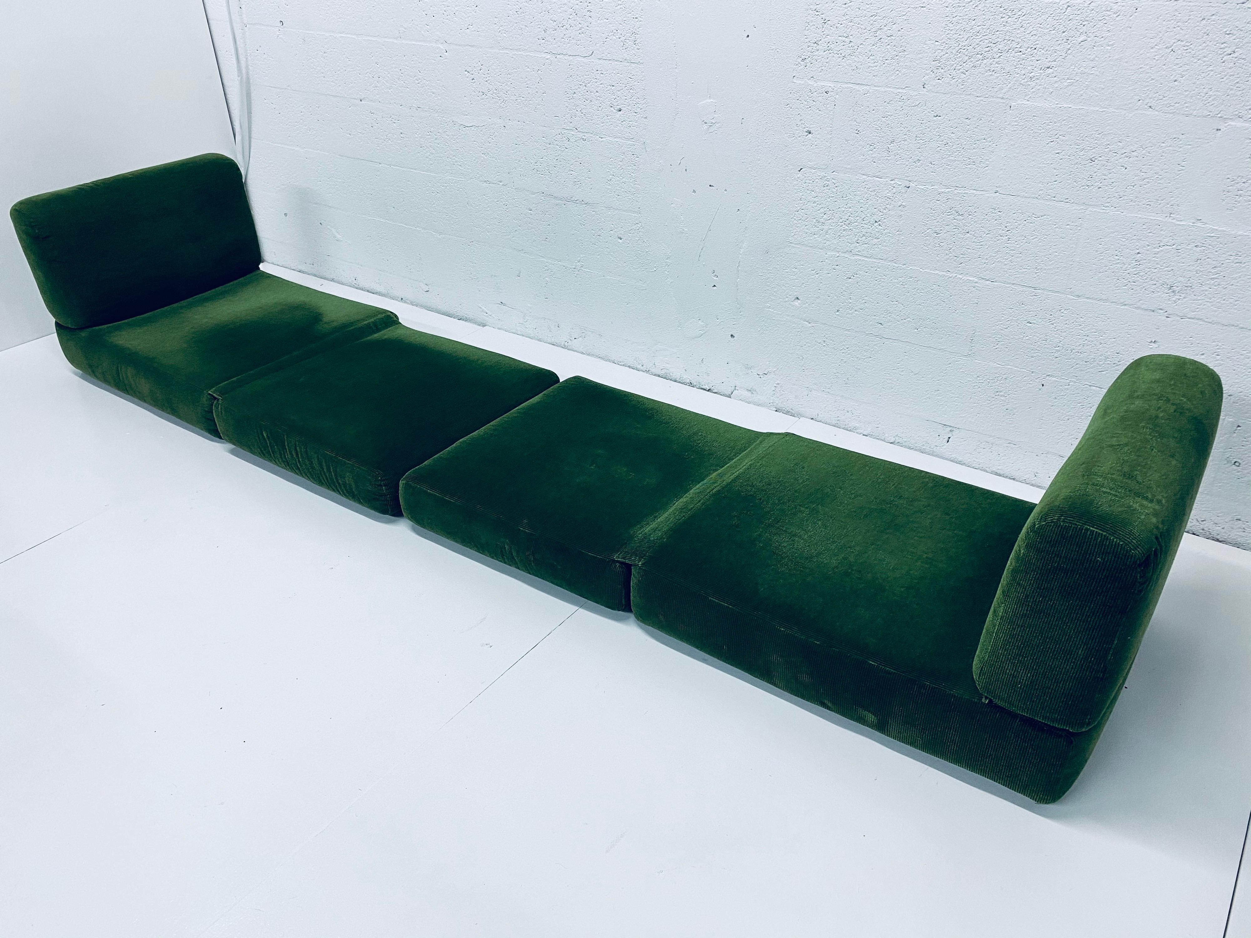 Pair of Midcentury Green Corduroy Upholstered Convertible Lounge Chair Daybeds 1