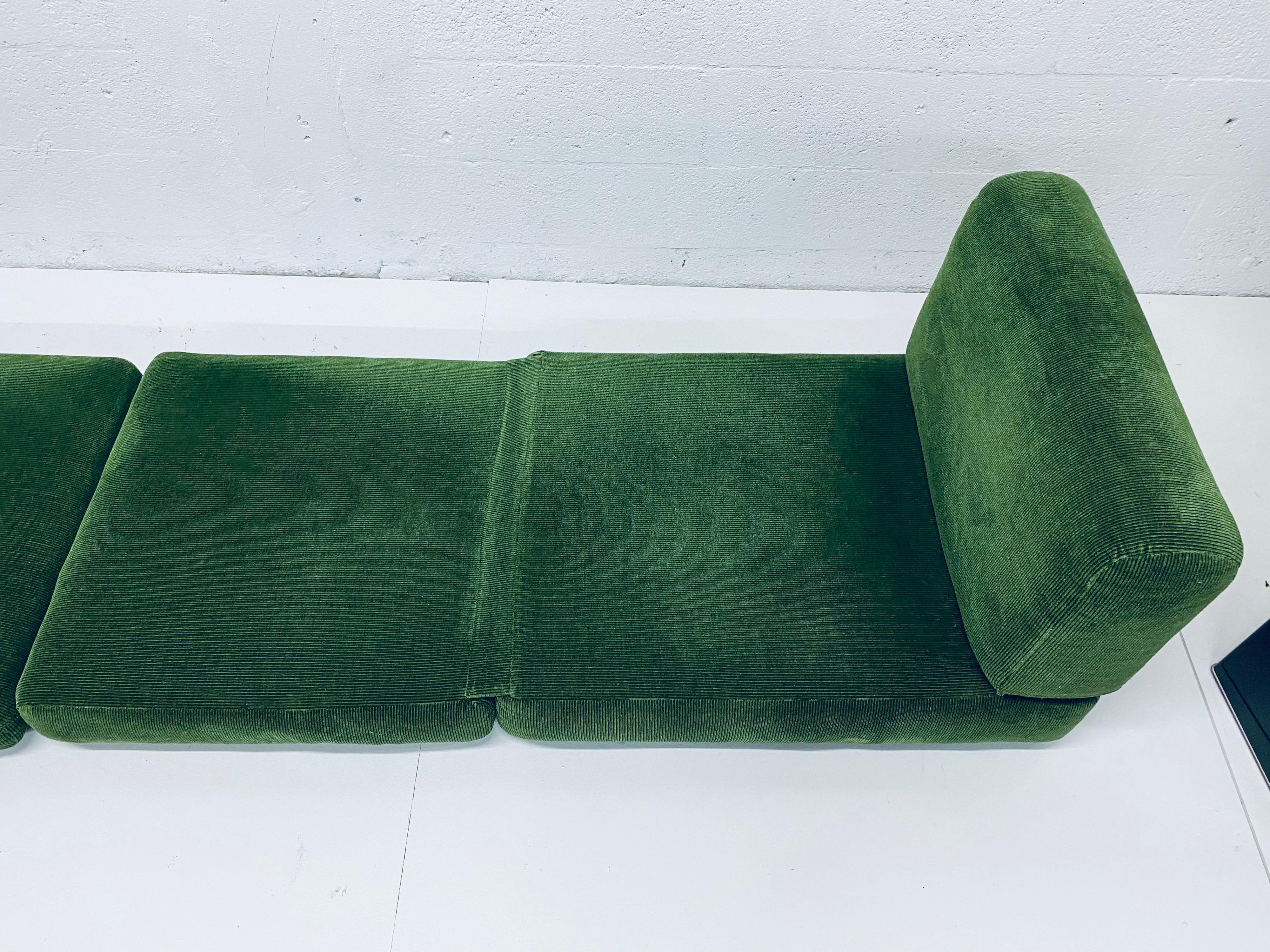 Mid-Century Modern Pair of Midcentury Green Corduroy Upholstered Convertible Lounge Chair Daybeds