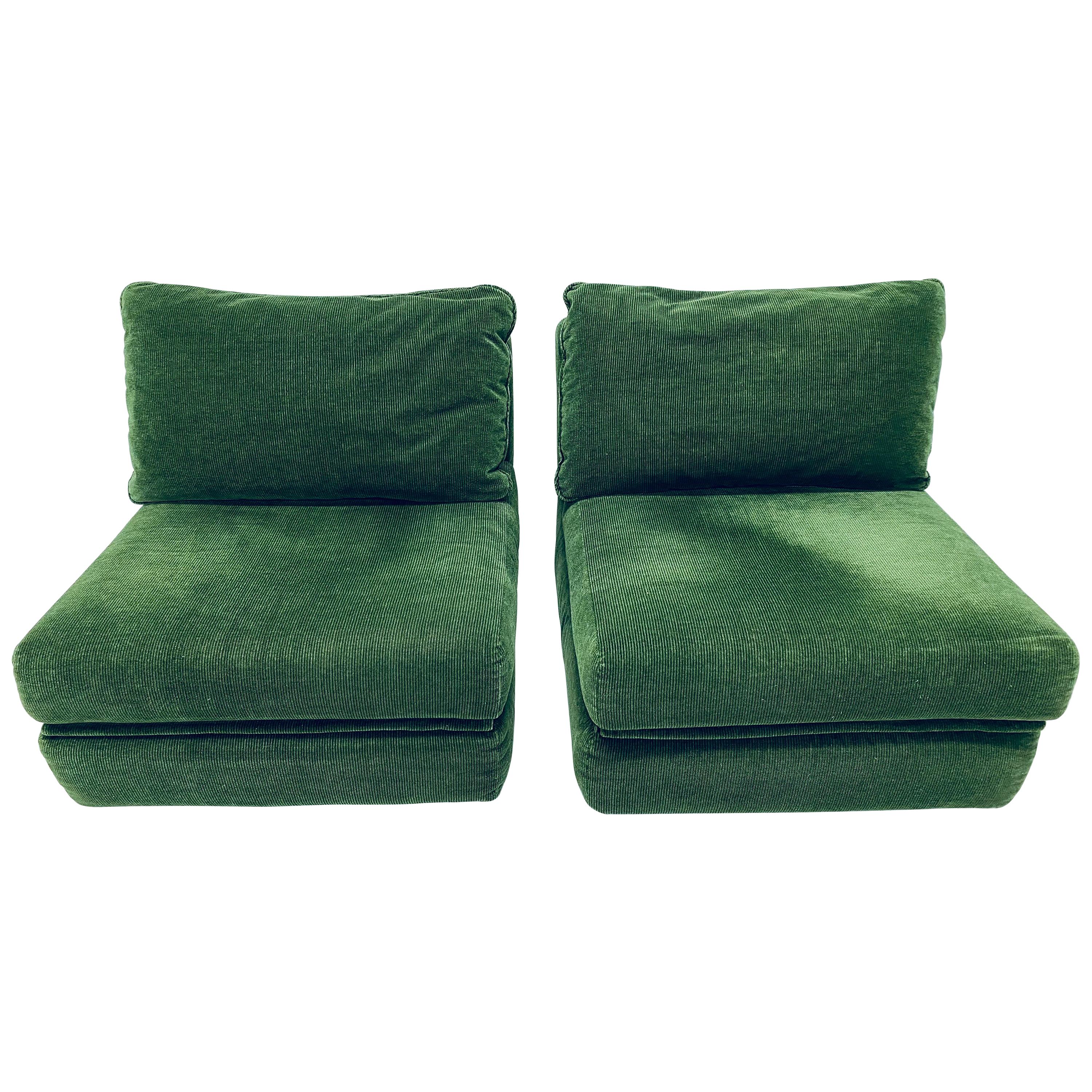 Pair of Midcentury Green Corduroy Upholstered Convertible Lounge Chair Daybeds