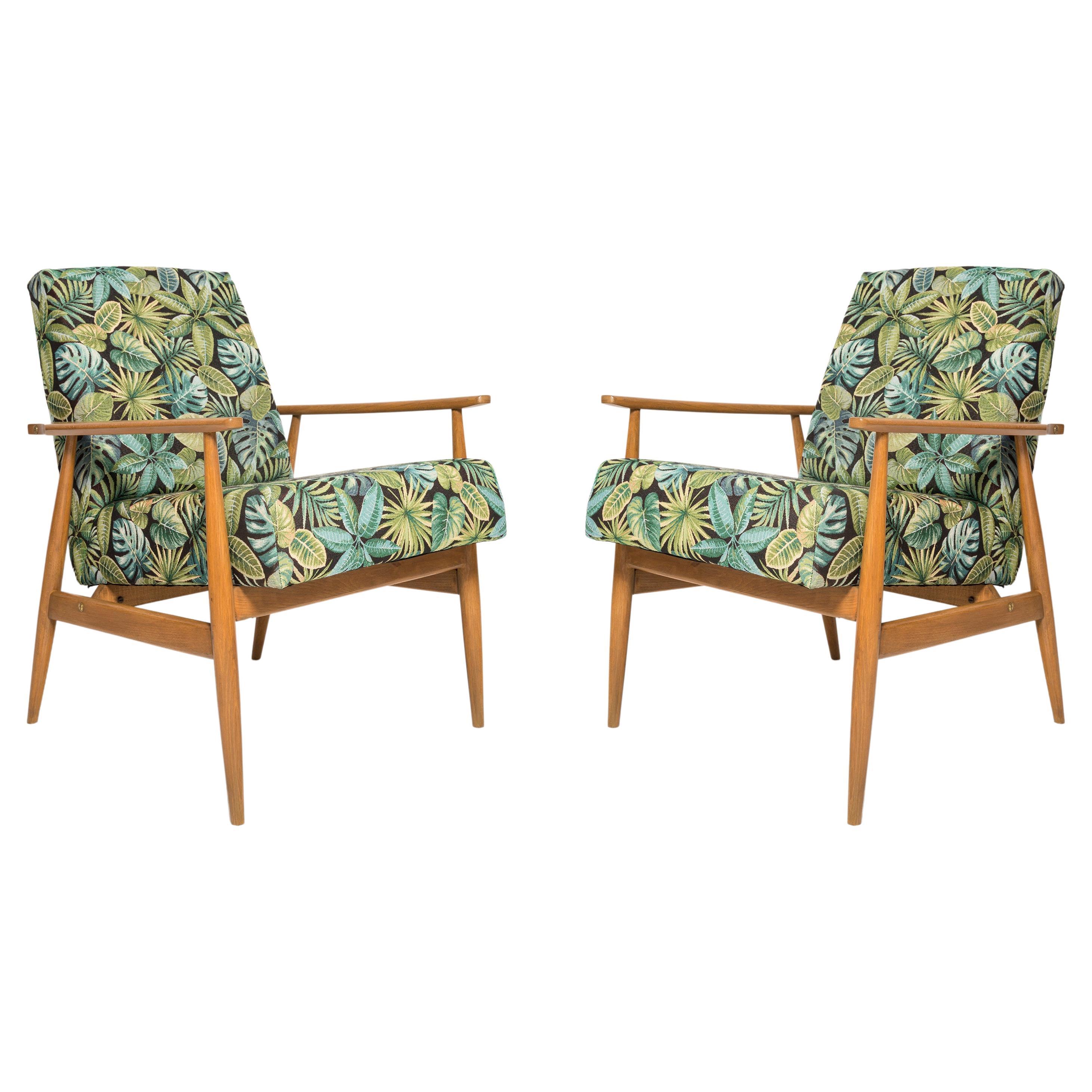 Pair of Mid-Century Green Leaves Jacquard Dante Armchairs, H. Lis, 1960s For Sale