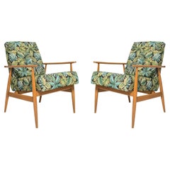 Pair of Mid-Century Green Leaves Jacquard Dante Armchairs, H. Lis, 1960s
