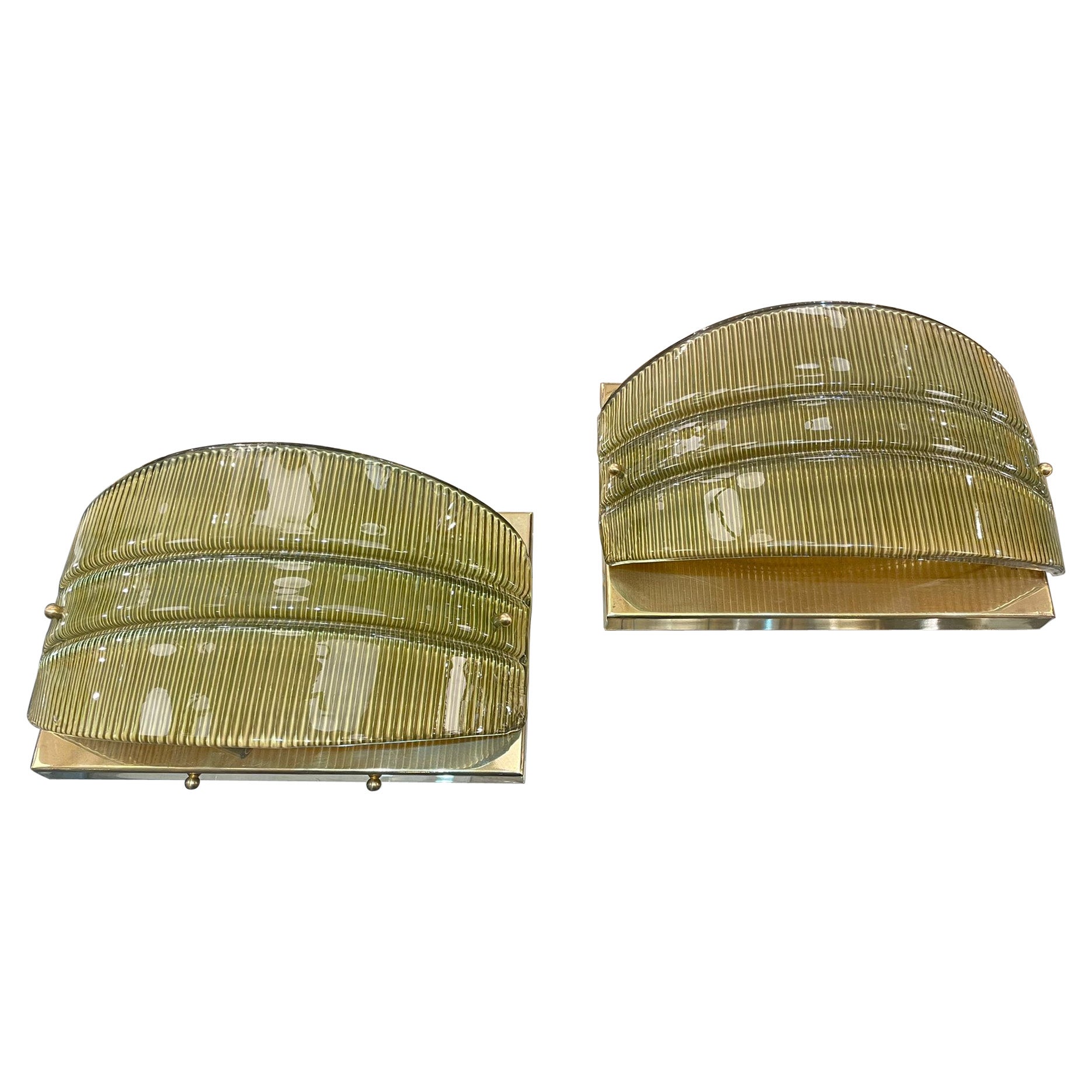 Pair of Mid Century Green Murano Glass Sconces For Sale