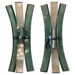 Vintage Pair of Mid-Century Green Murano Glass Wall Sconces with Chrome Finish, 1970s