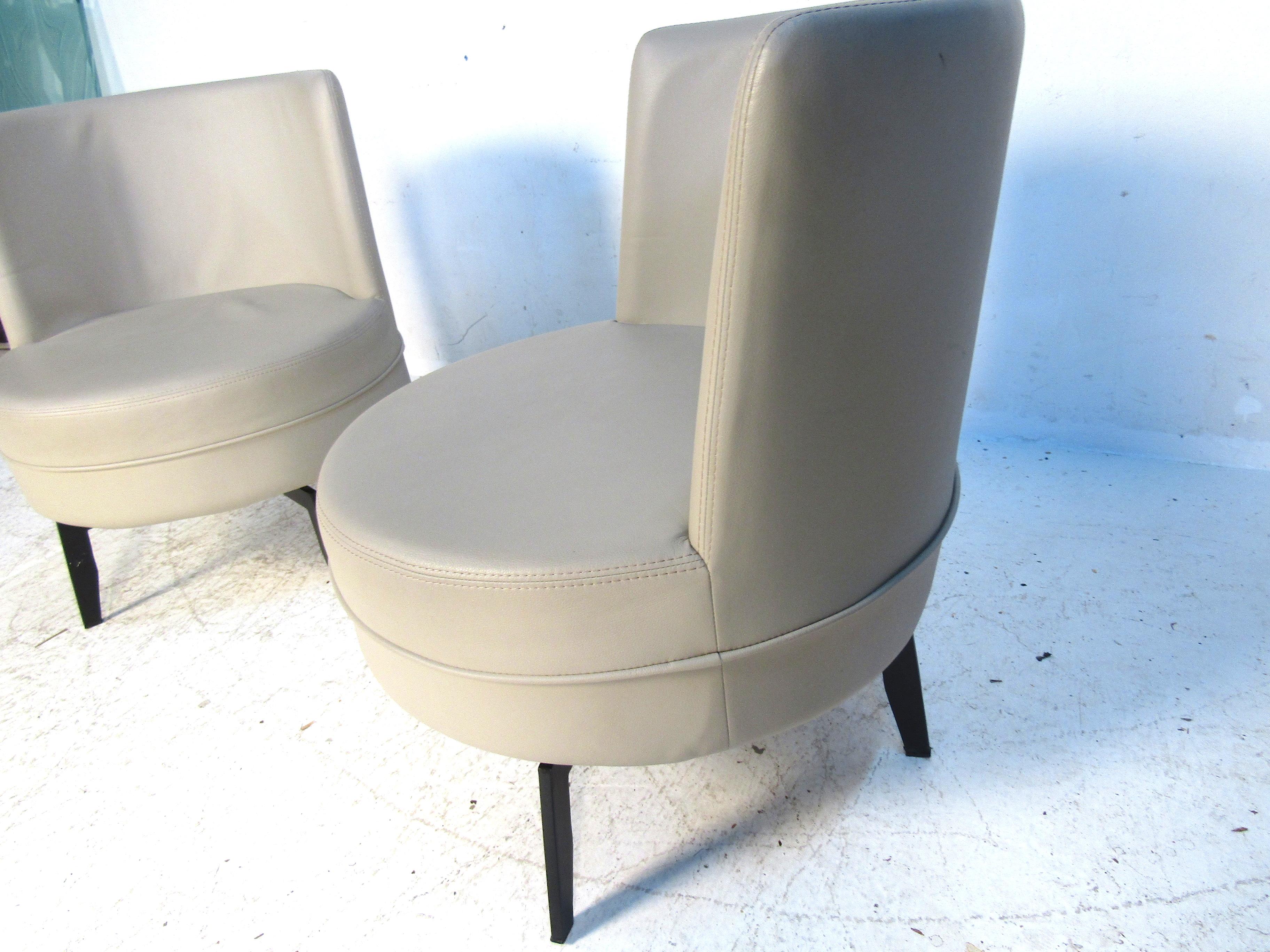 Steel Pair of Midcentury Grey Leather Swivel Chairs