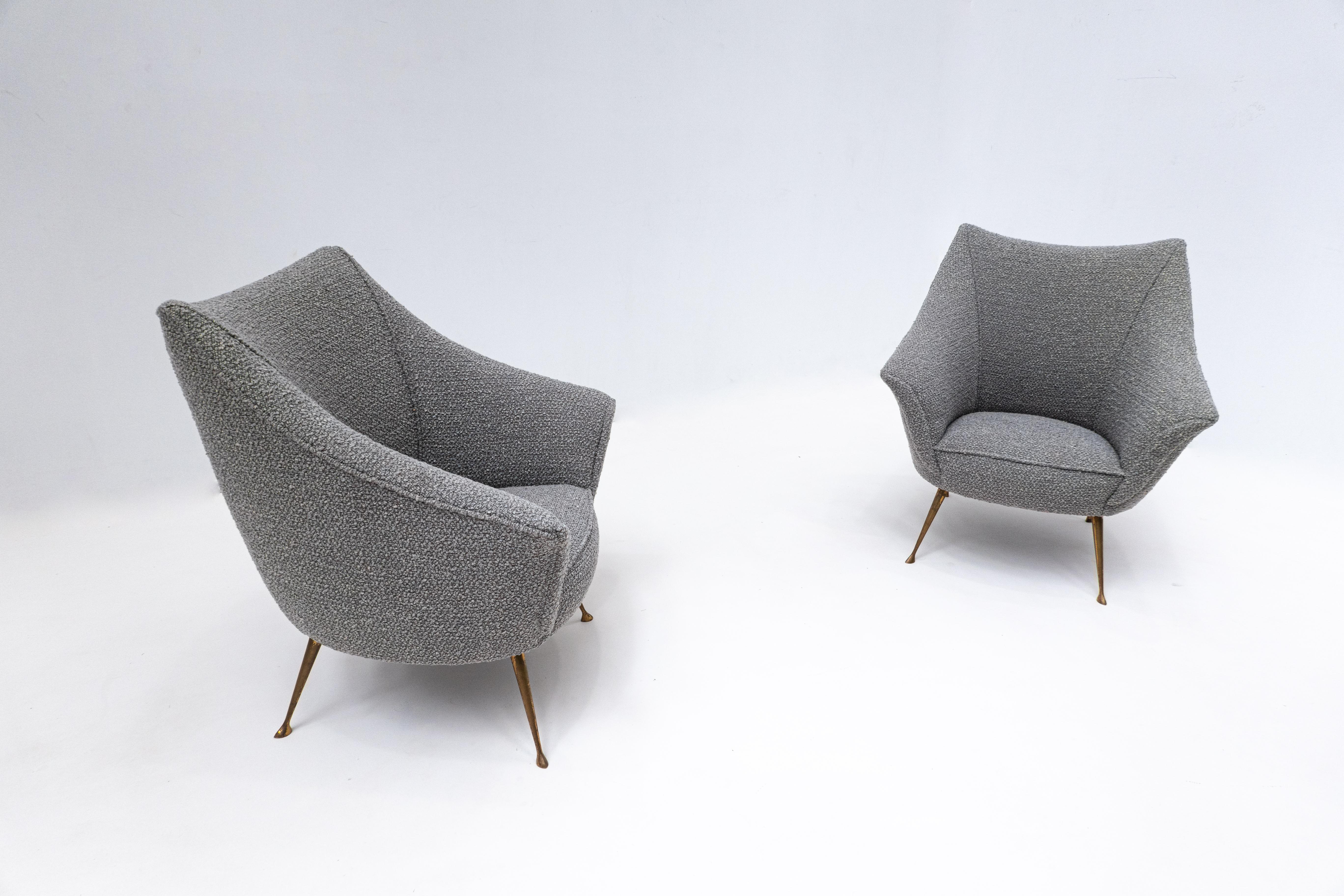 Pair of mid-century grey new upholstery and brass feets armchairs - Italy 1950s.