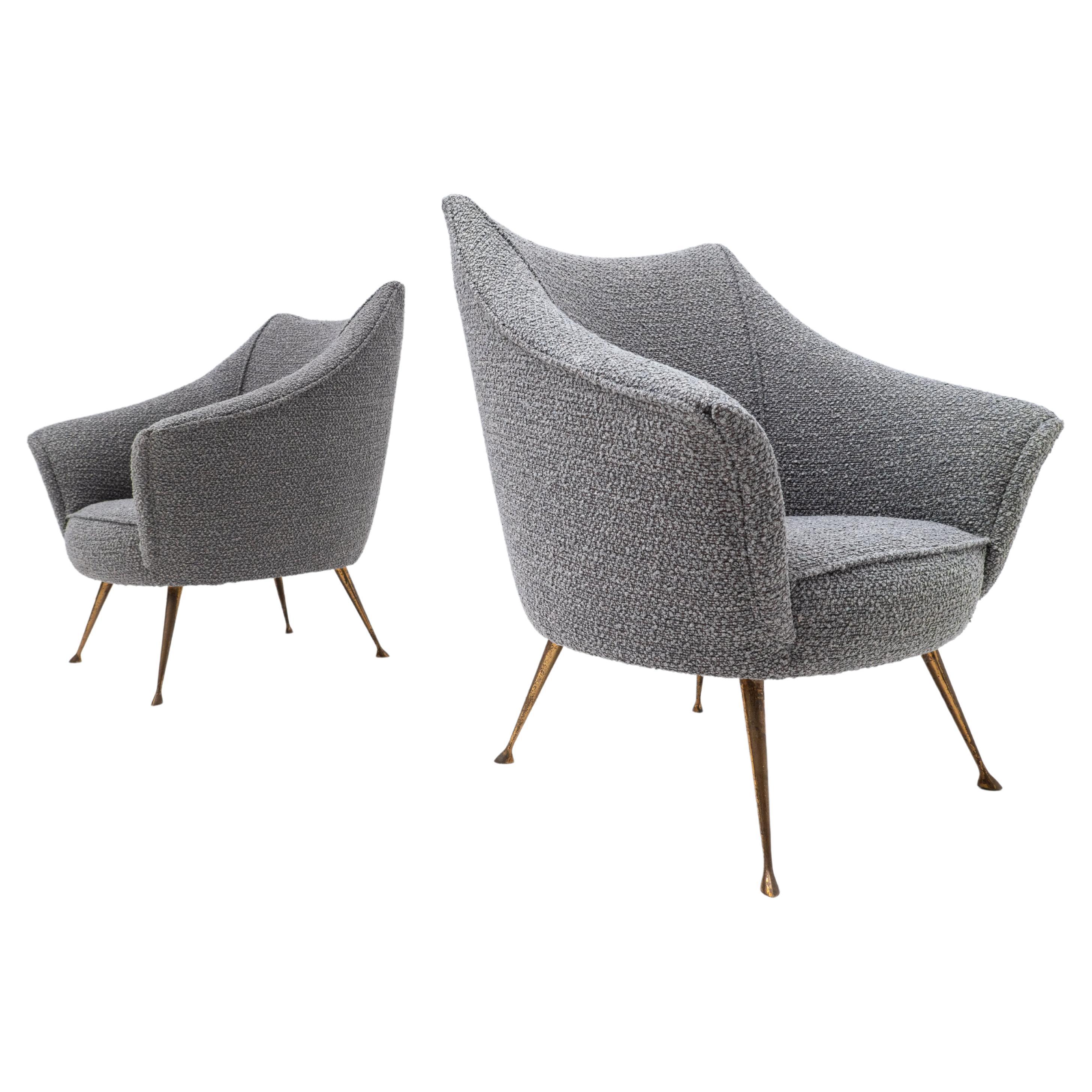 Pair of Mid-Century Grey New Upholstery and Brass Feets Armchairs, Italy, 1950s For Sale