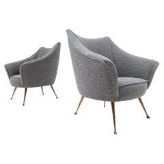 Vintage Pair of Mid-Century Grey New Upholstery and Brass Feets Armchairs, Italy, 1950s