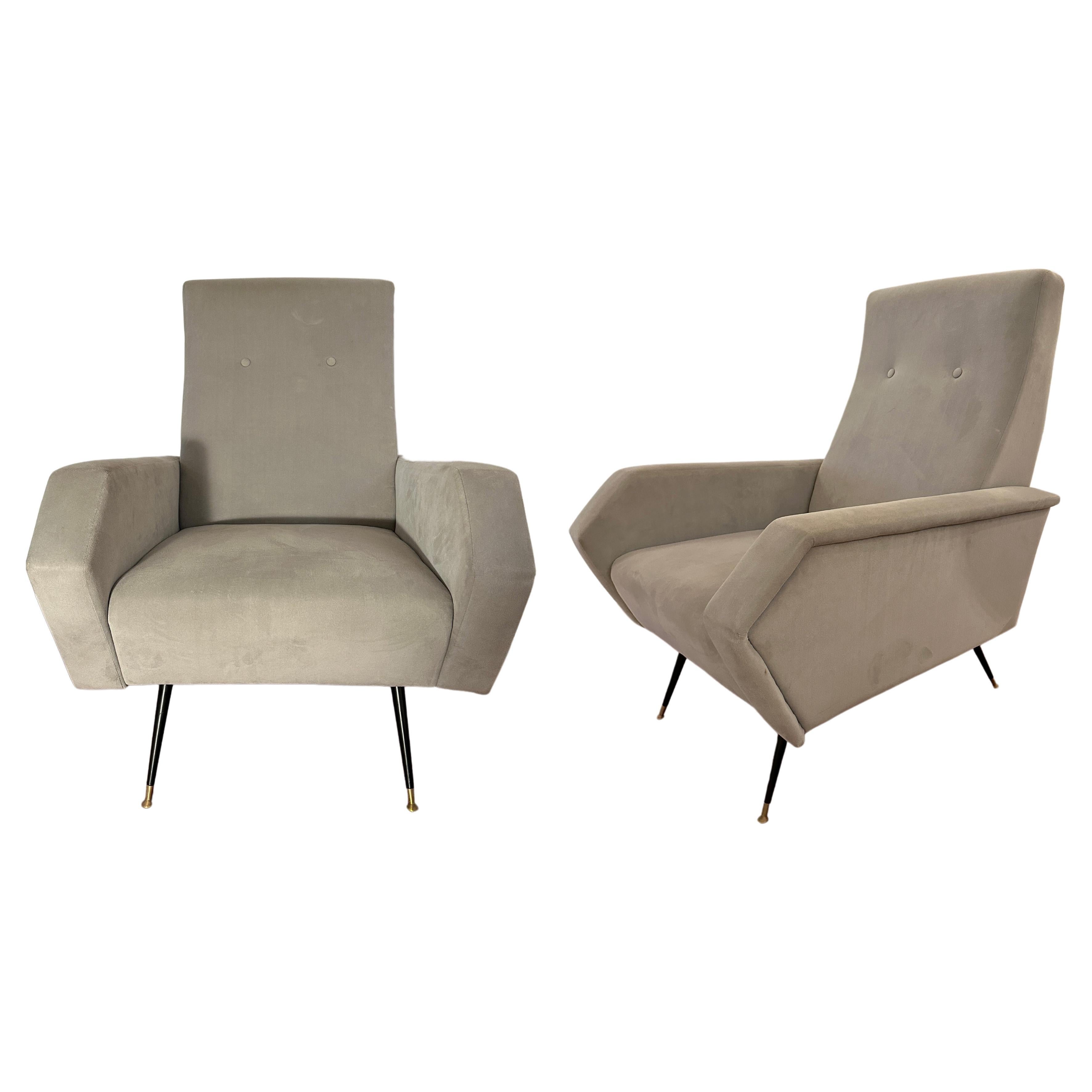 Pair of Mid Century  Grey Velvet Italian Armchairs