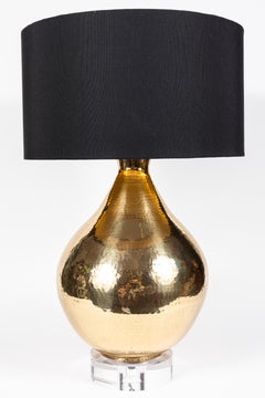 Pair of Midcentury Hammered Brass Lamps on Lucite Bases Attributed to Marbro