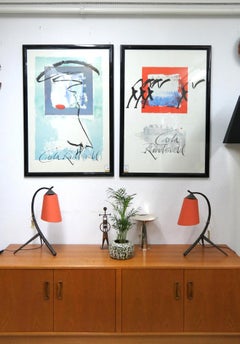 Pair of Midcentury Hammered Wrought Iron Table Lamp with Coral Lampshade, 1970