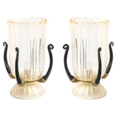 Pair of Mid-Century Hand-Blown Murano Fluted Glass Uplights w/ 24K Gold Flecks