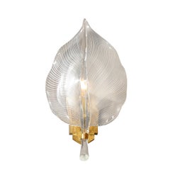 Pair of Mid-Century Hand-Blown Murano Glass Striated Leaf Sconces by Franco Luce