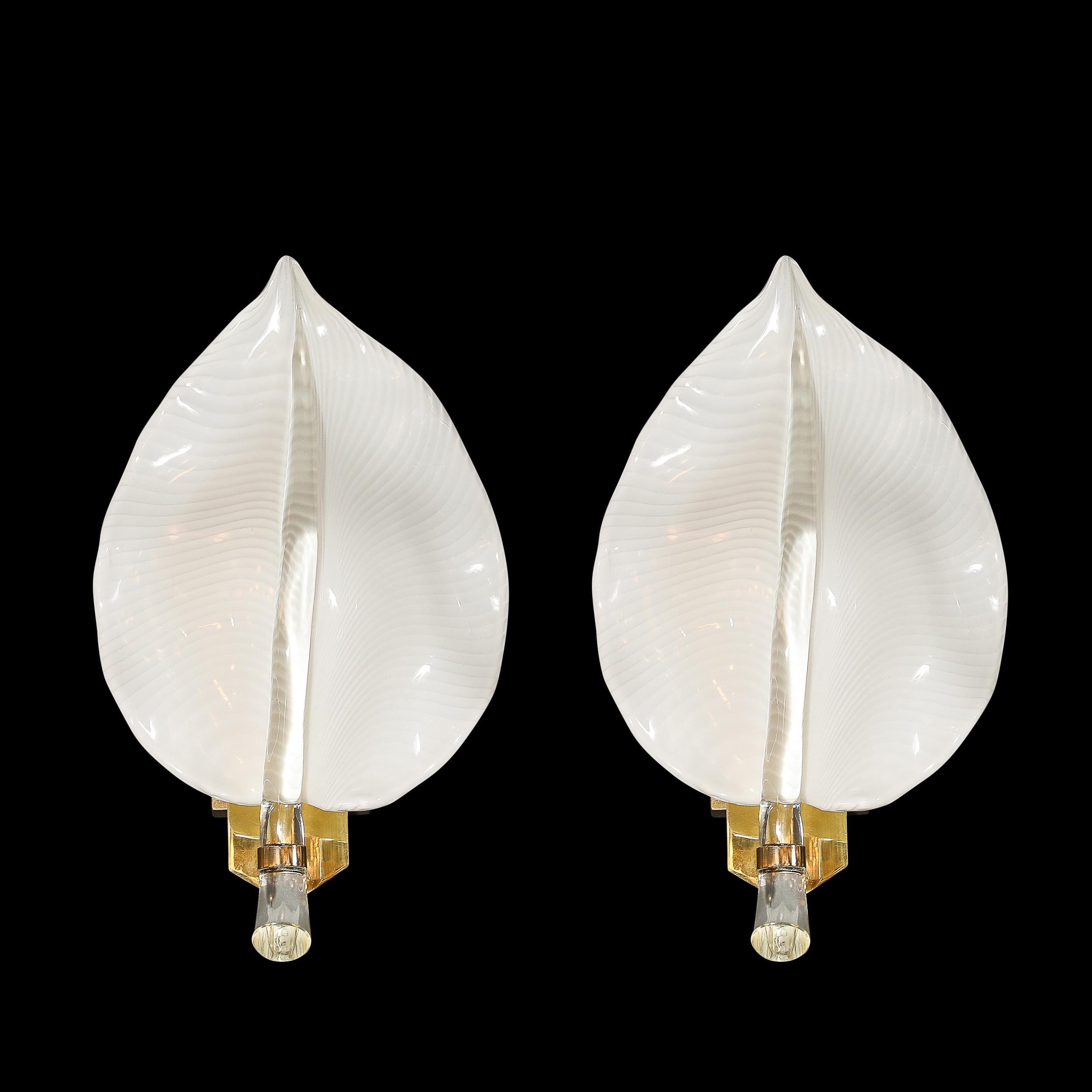 Italian Pair of Mid-Century Hand-Blown Murano Glass Striated Leaf Sconces by Franco Luce For Sale