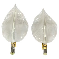 Pair of Mid-Century Hand-Blown Murano Glass Striated Leaf Sconces by Franco Luce