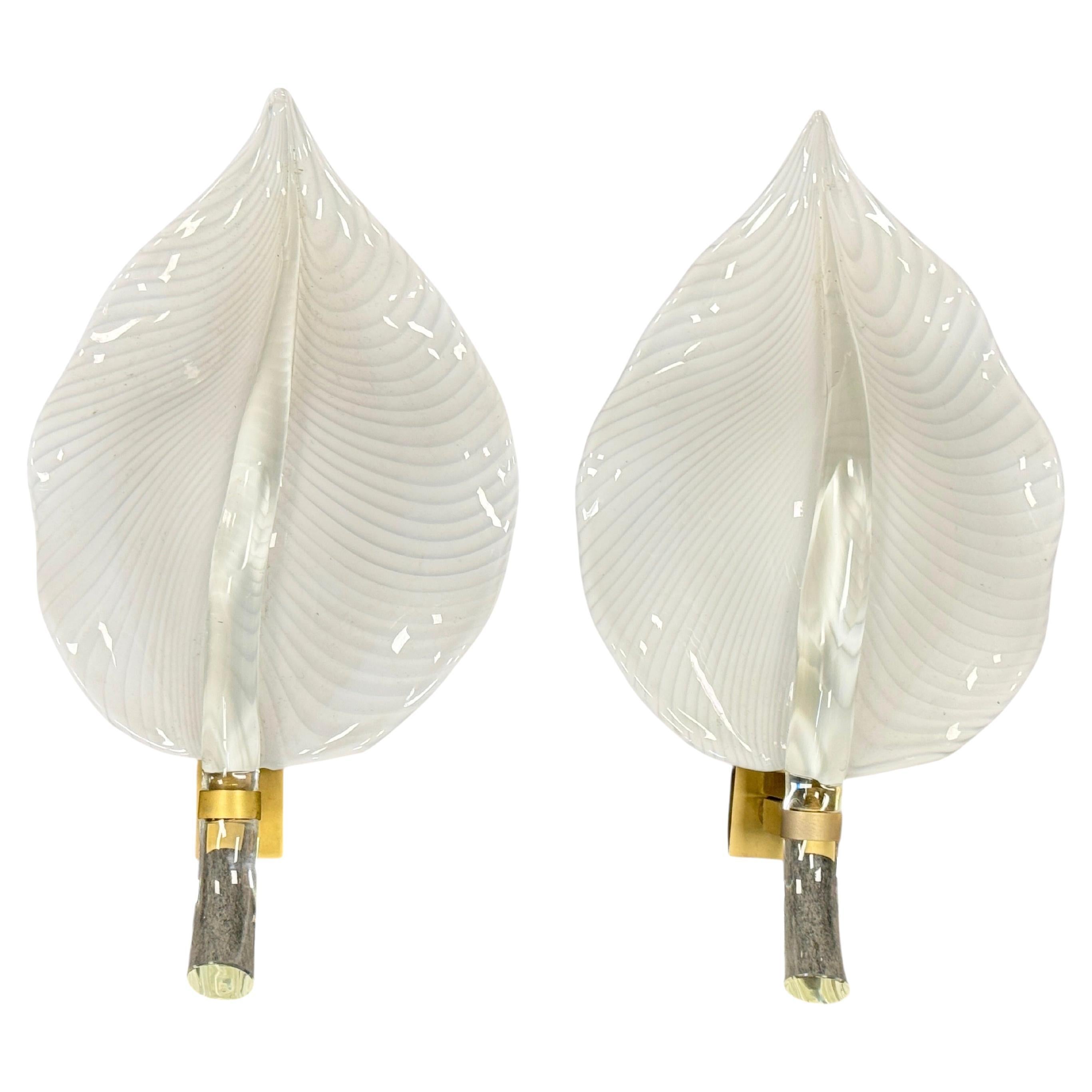 Pair of Mid-Century Hand-Blown Murano Glass Striated Leaf Sconces by Franco Luce