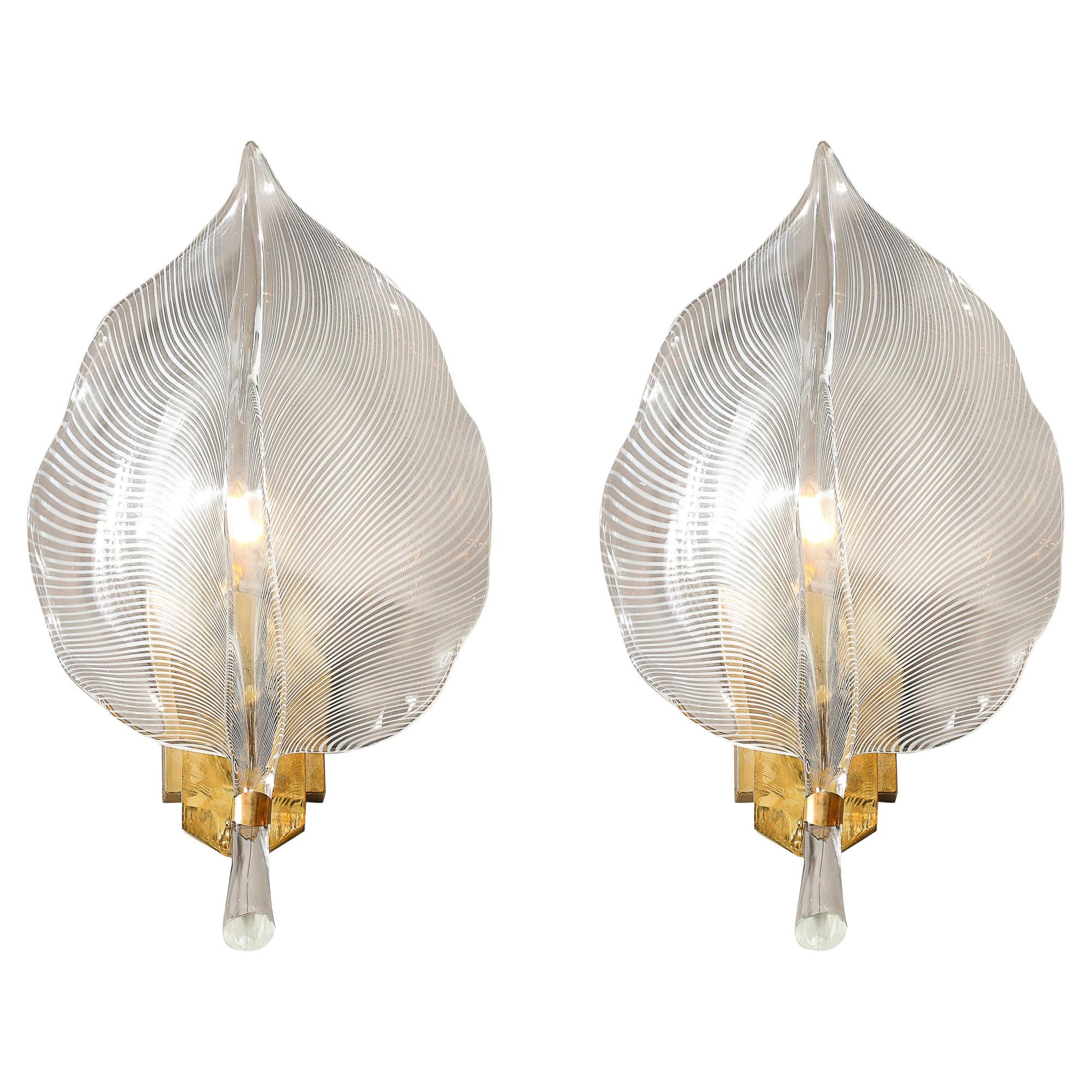 Pair of Mid-Century Hand-Blown Murano Glass Striated Leaf Sconces by Franco Luce