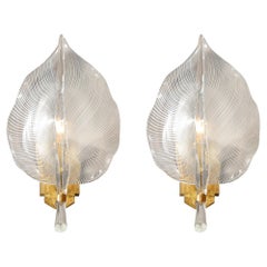 Pair of Mid-Century Hand-Blown Murano Glass Striated Leaf Sconces by Franco Luce