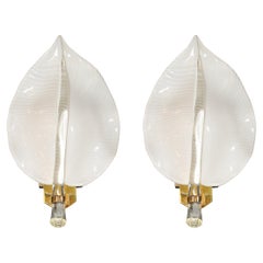 Pair of Mid-Century Hand-Blown Murano Glass Striated Leaf Sconces by Franco Luce