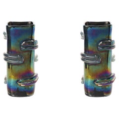 Pair of Mid-Century Hand-Blown Murano Iridescent Glass Vases