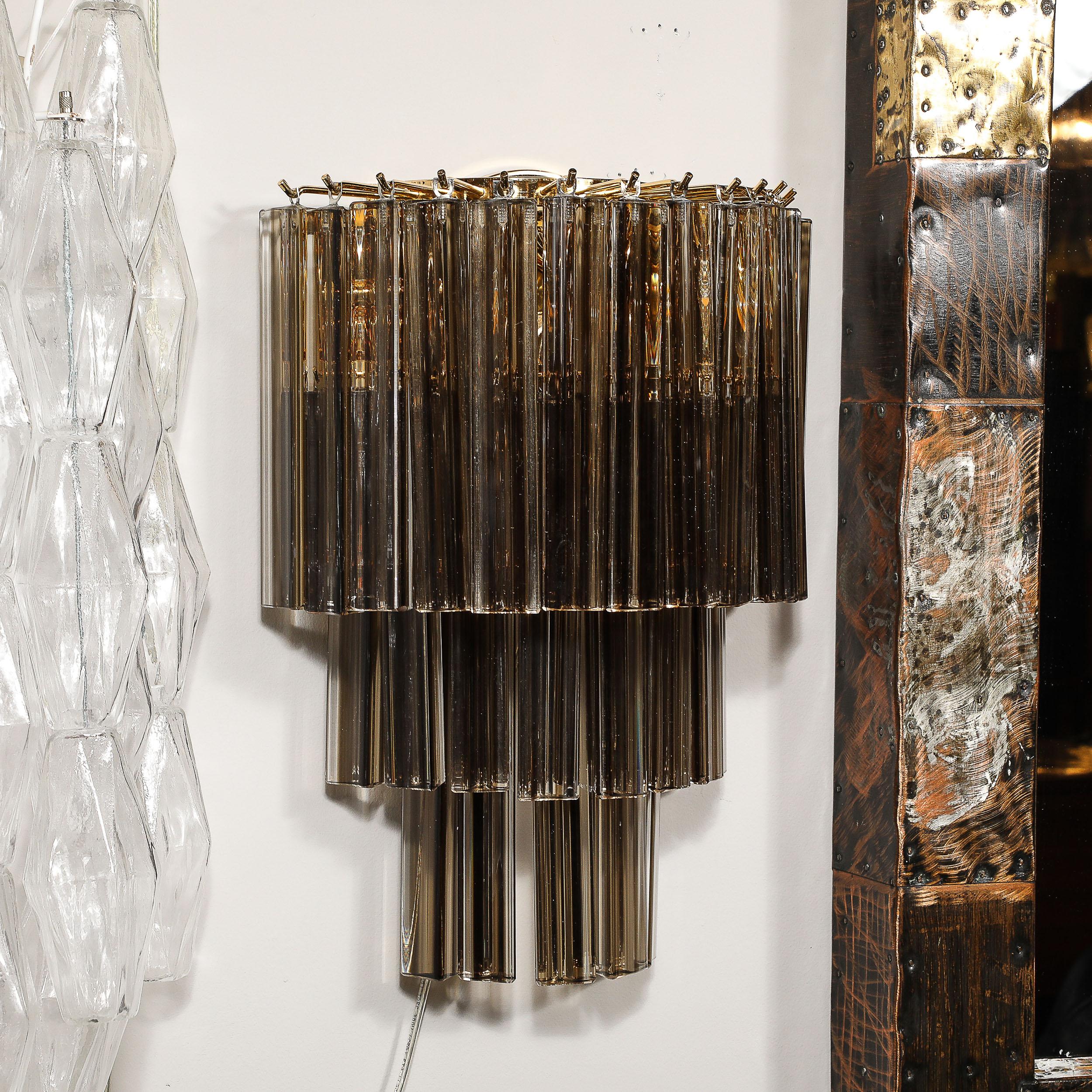 Pair of Mid-Century  Hand-Blown Smoked Murano Glass Three-Tier Triedre Sconces For Sale 4
