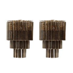 Pair of Mid-Century  Hand-Blown Smoked Murano Glass Three-Tier Triedre Sconces