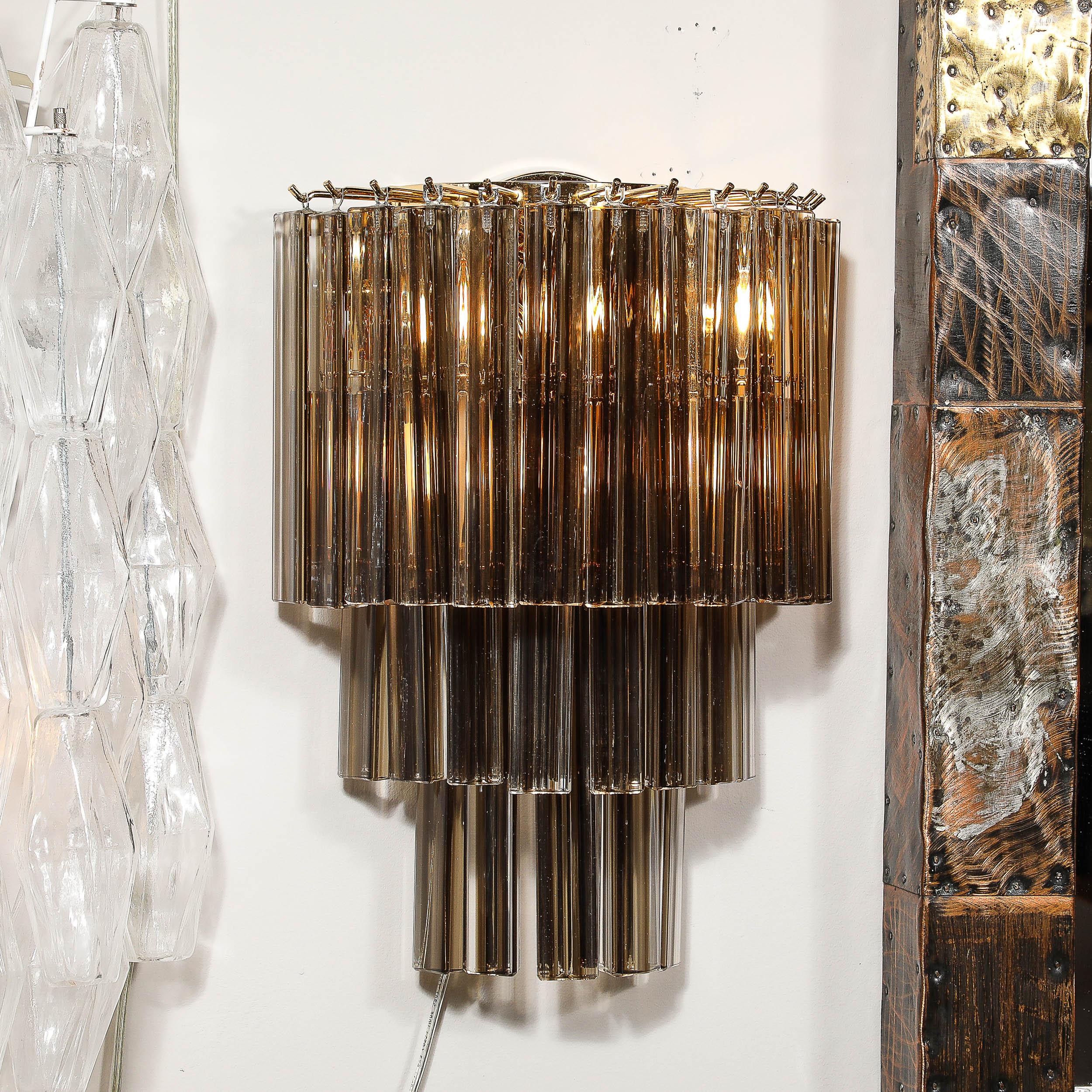 Italian Pair of Mid-Century  Hand-Blown Smoked Murano Glass Three-Tier Triedre Sconces For Sale