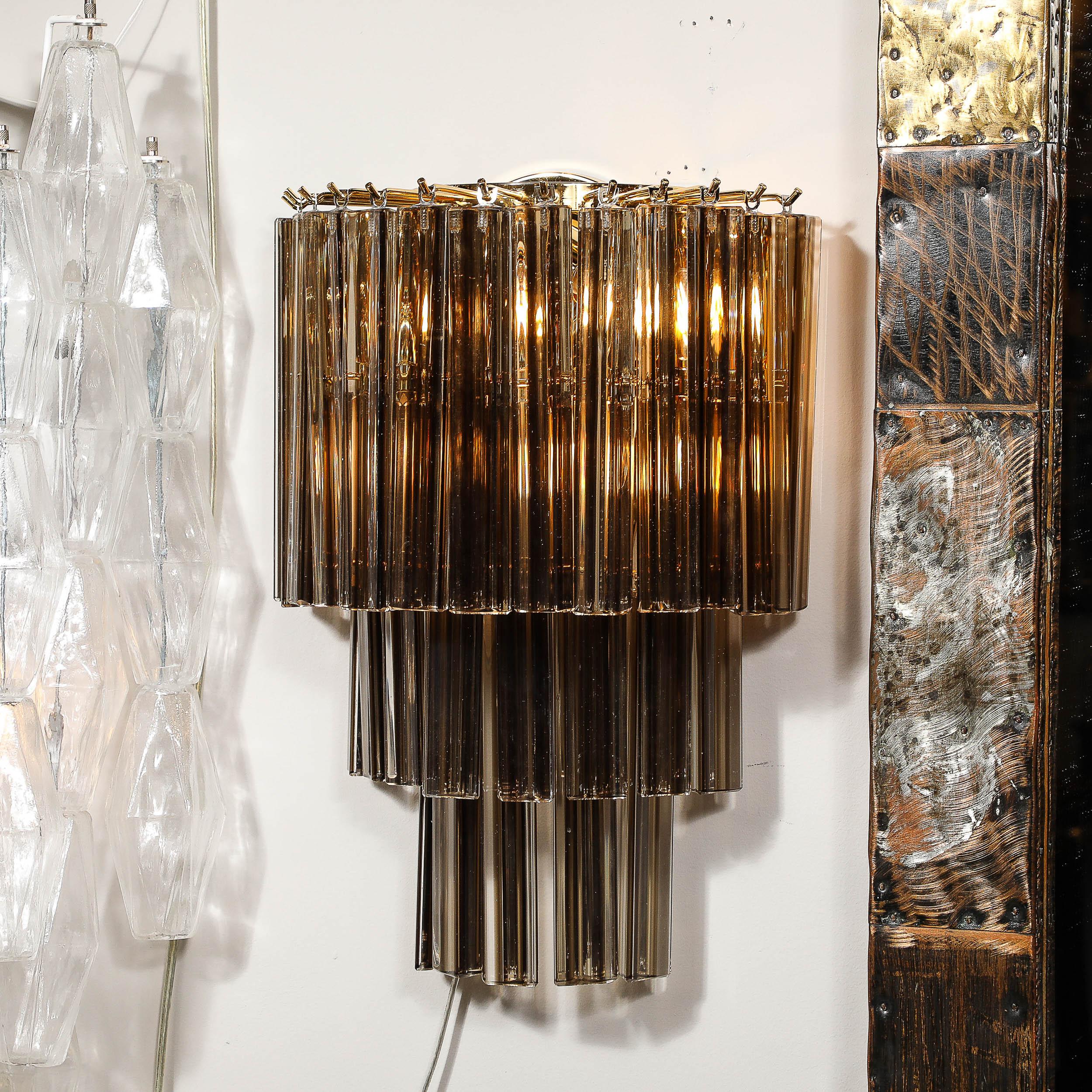 Pair of Mid-Century  Hand-Blown Smoked Murano Glass Three-Tier Triedre Sconces In Excellent Condition For Sale In New York, NY
