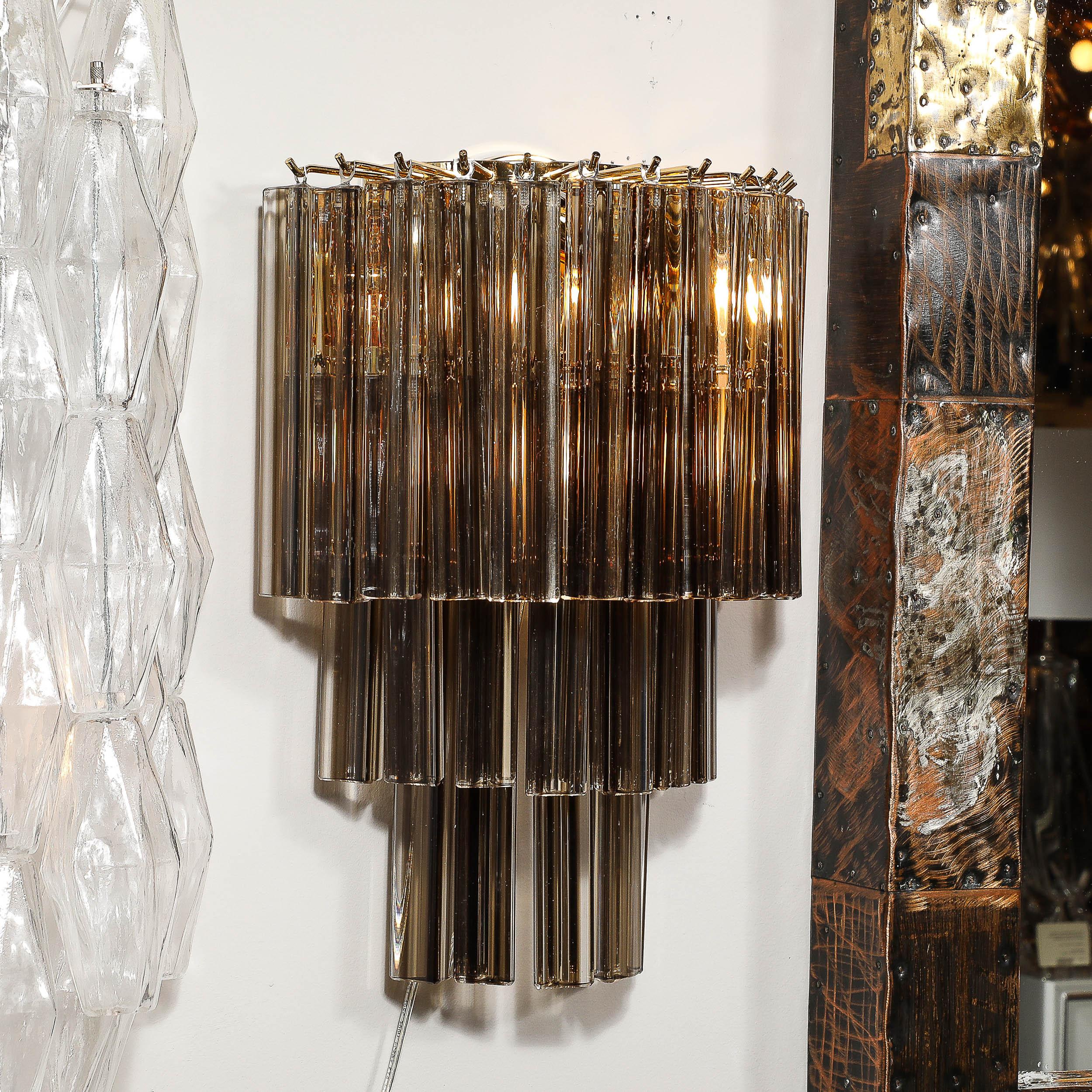 Brass Pair of Mid-Century  Hand-Blown Smoked Murano Glass Three-Tier Triedre Sconces For Sale