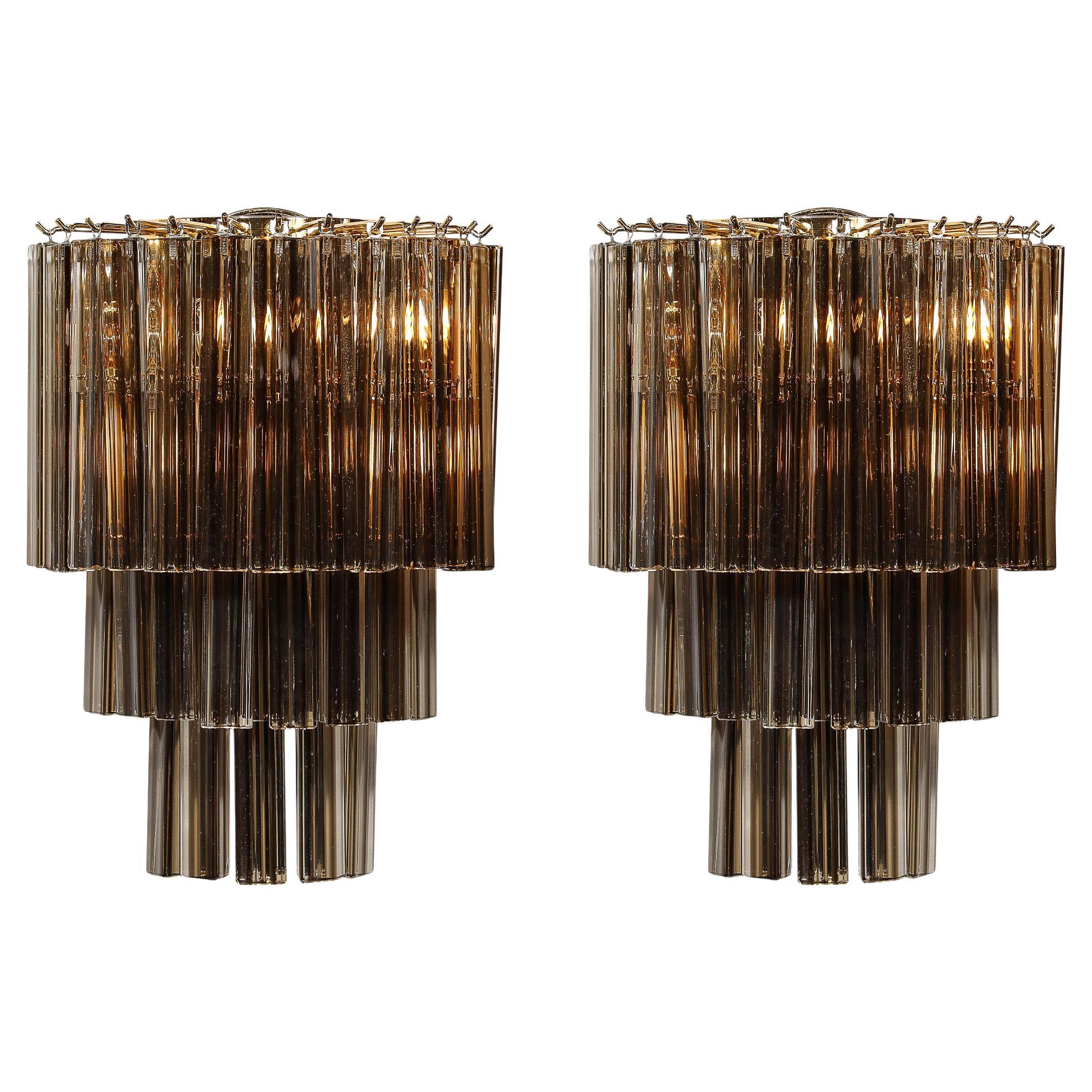 Pair of Mid-Century  Hand-Blown Smoked Murano Glass Three-Tier Triedre Sconces For Sale