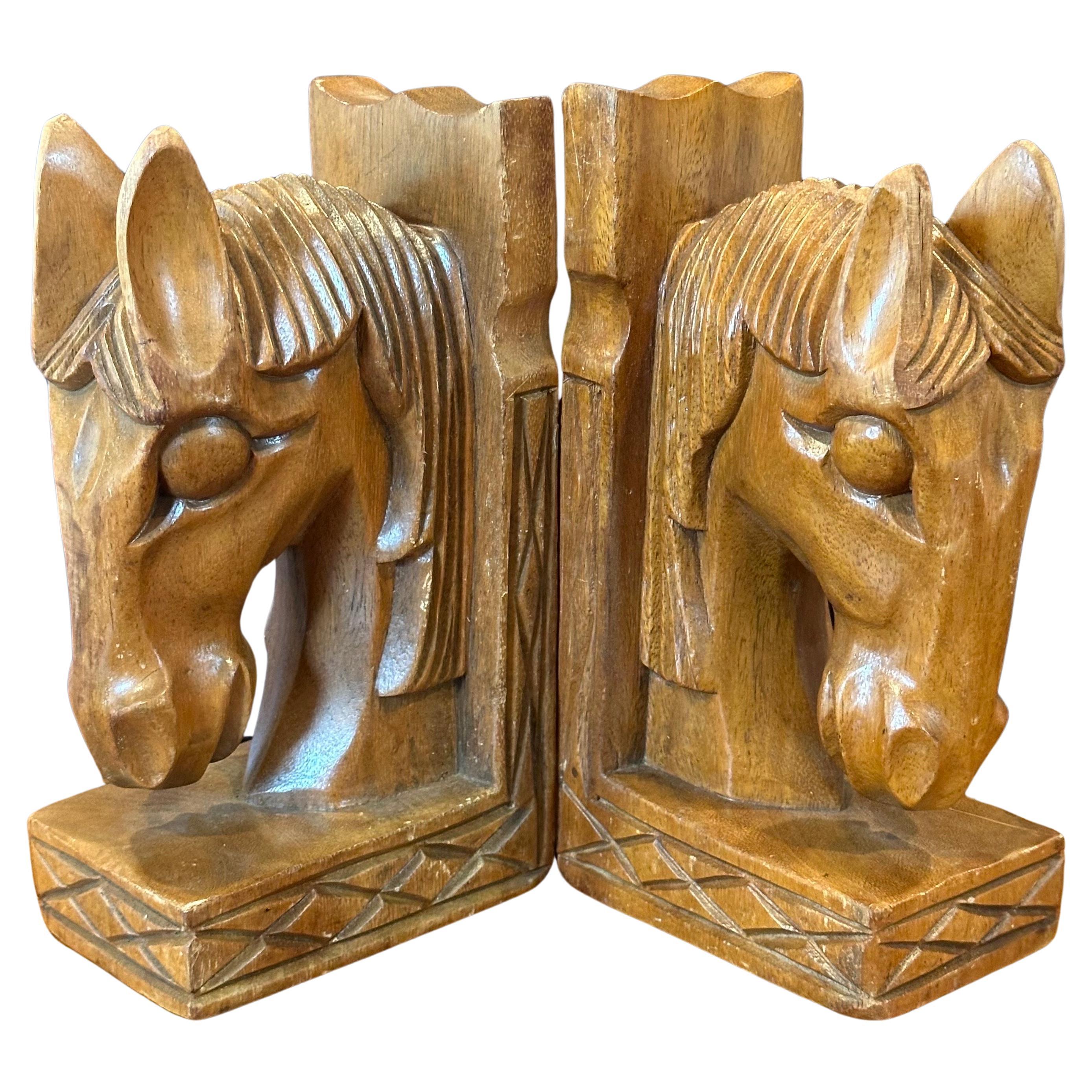 American Pair of Mid-Century Hand Carved Wood Horse Head Bookends For Sale