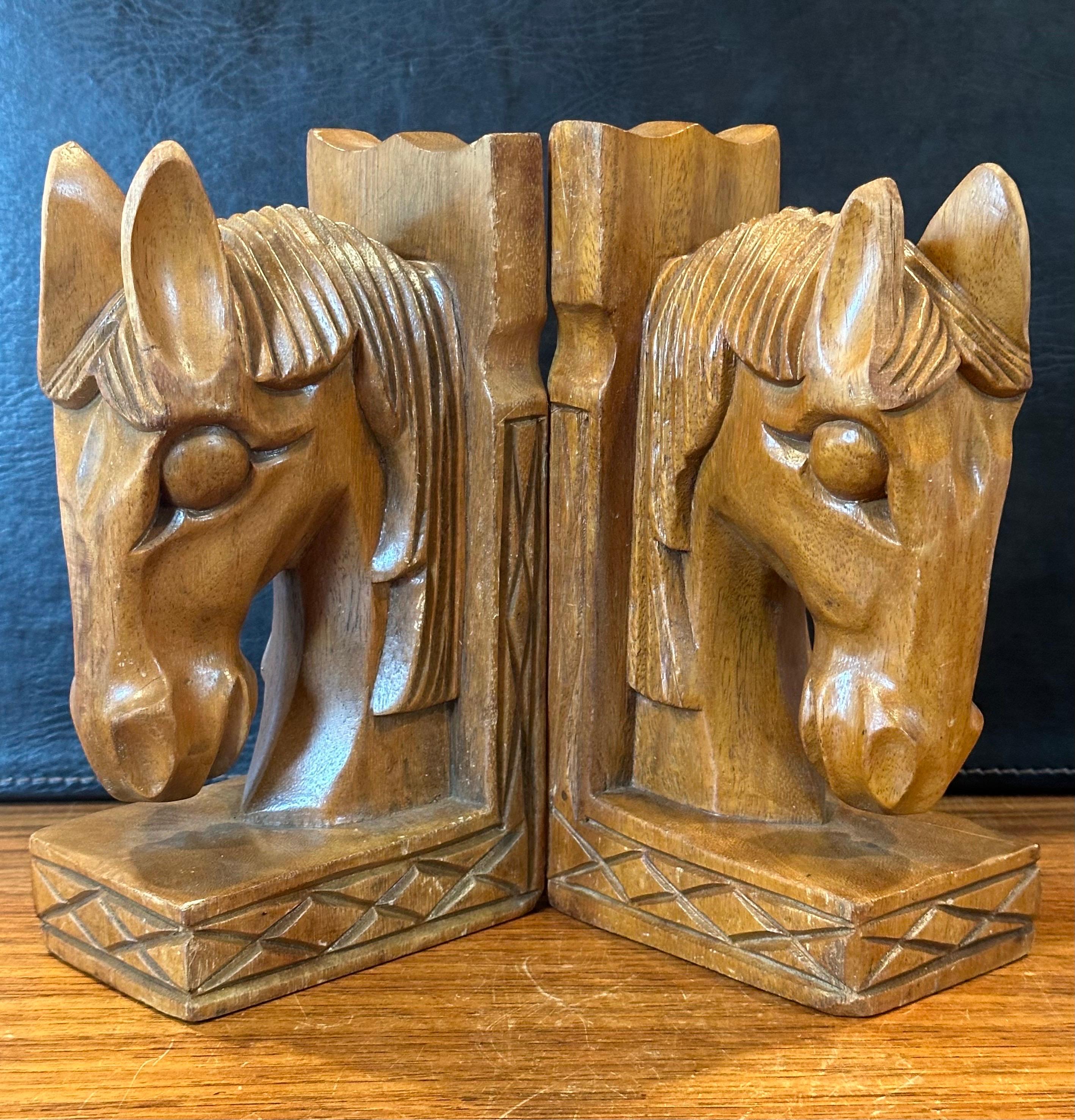 Hand-Carved Pair of Mid-Century Hand Carved Wood Horse Head Bookends For Sale